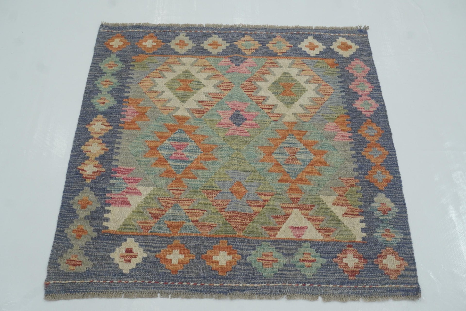 3x3 Blue Afghan Handmade Wool Square Kilim Rug