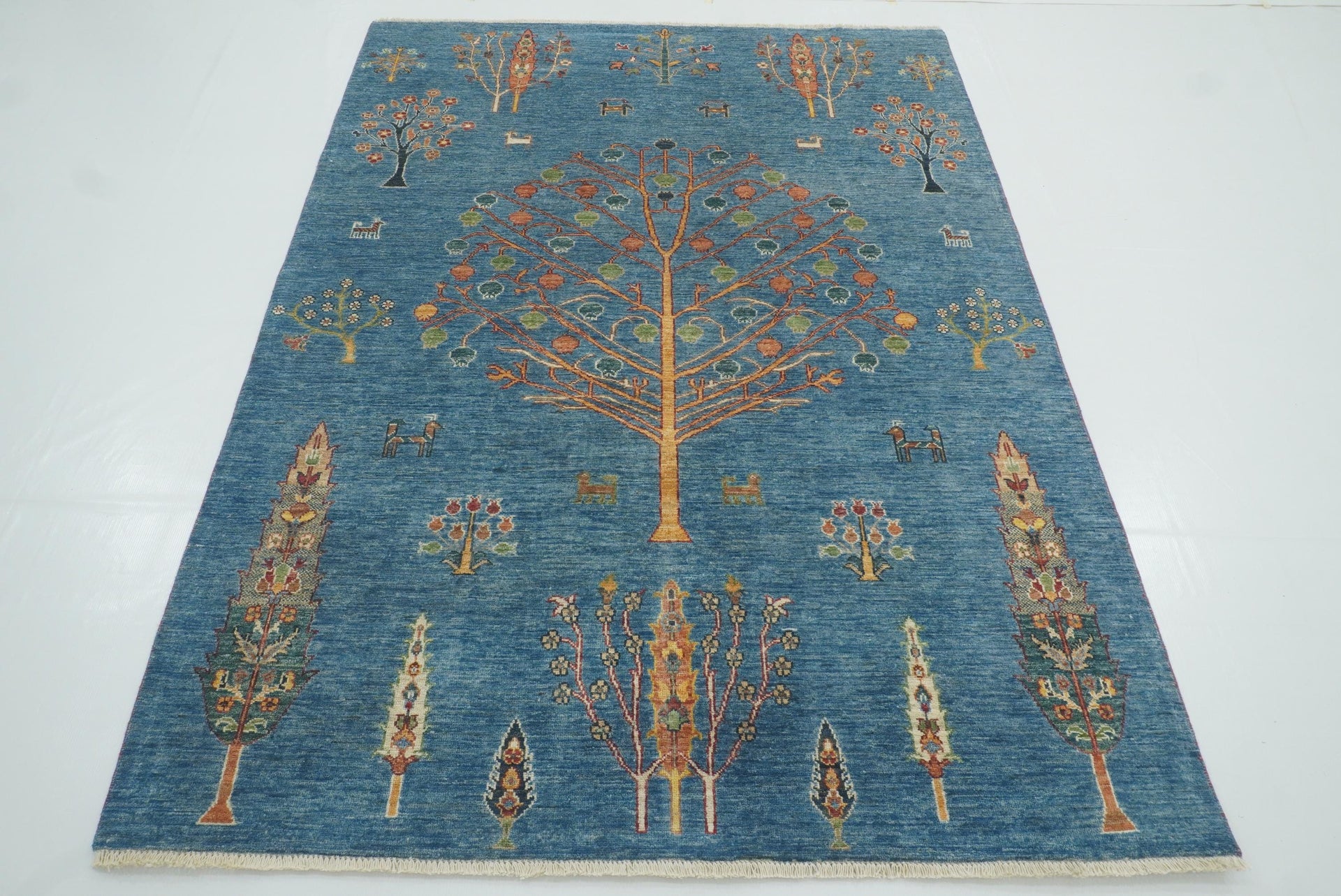 5x7 Blue Gabbeh Hand-Knotted Afghan Wool Tree of Life Rug