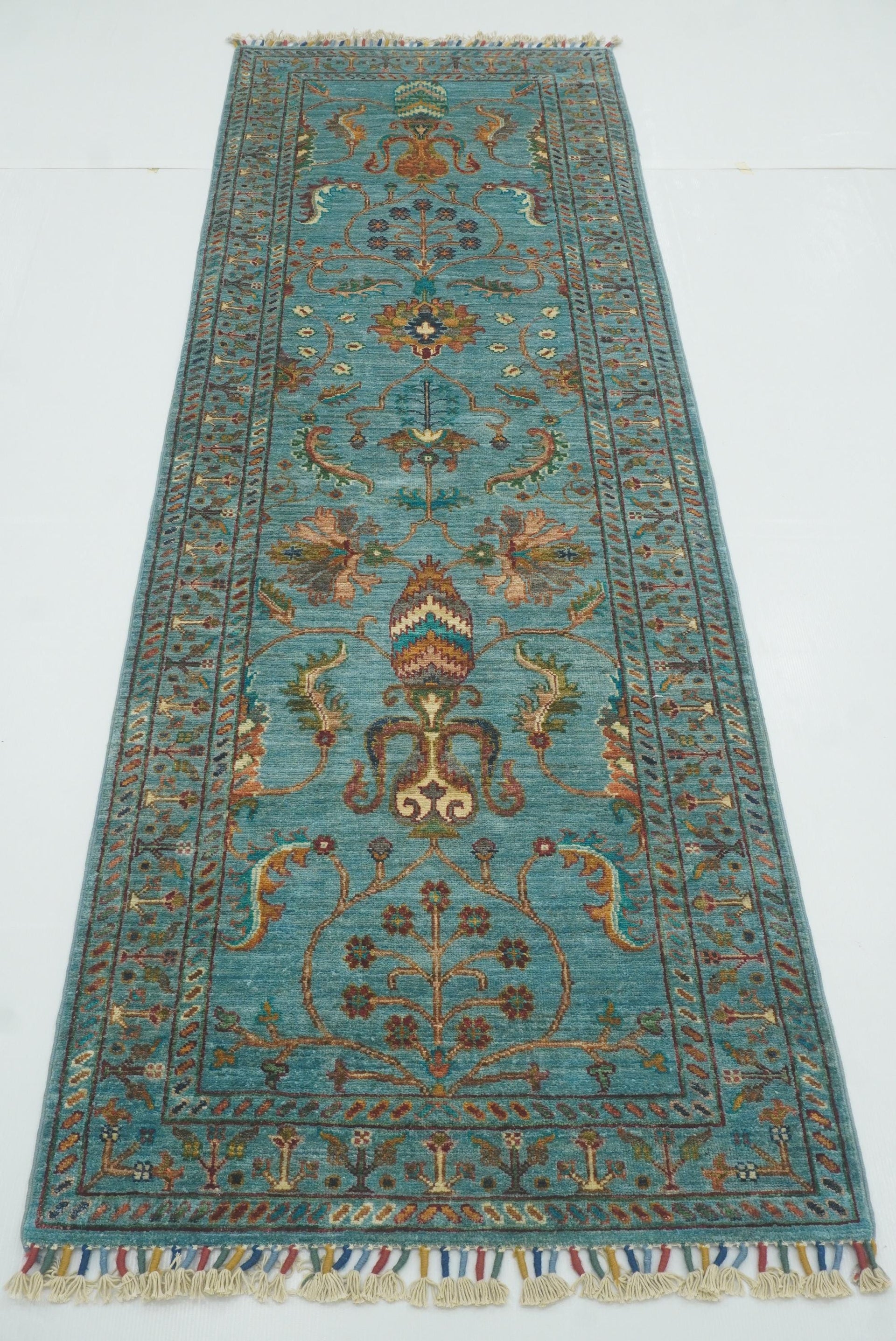 8 ft Waziri Turquoise Blue Afghan Hand-Knotted Runner Rug - Yildiz Rugs