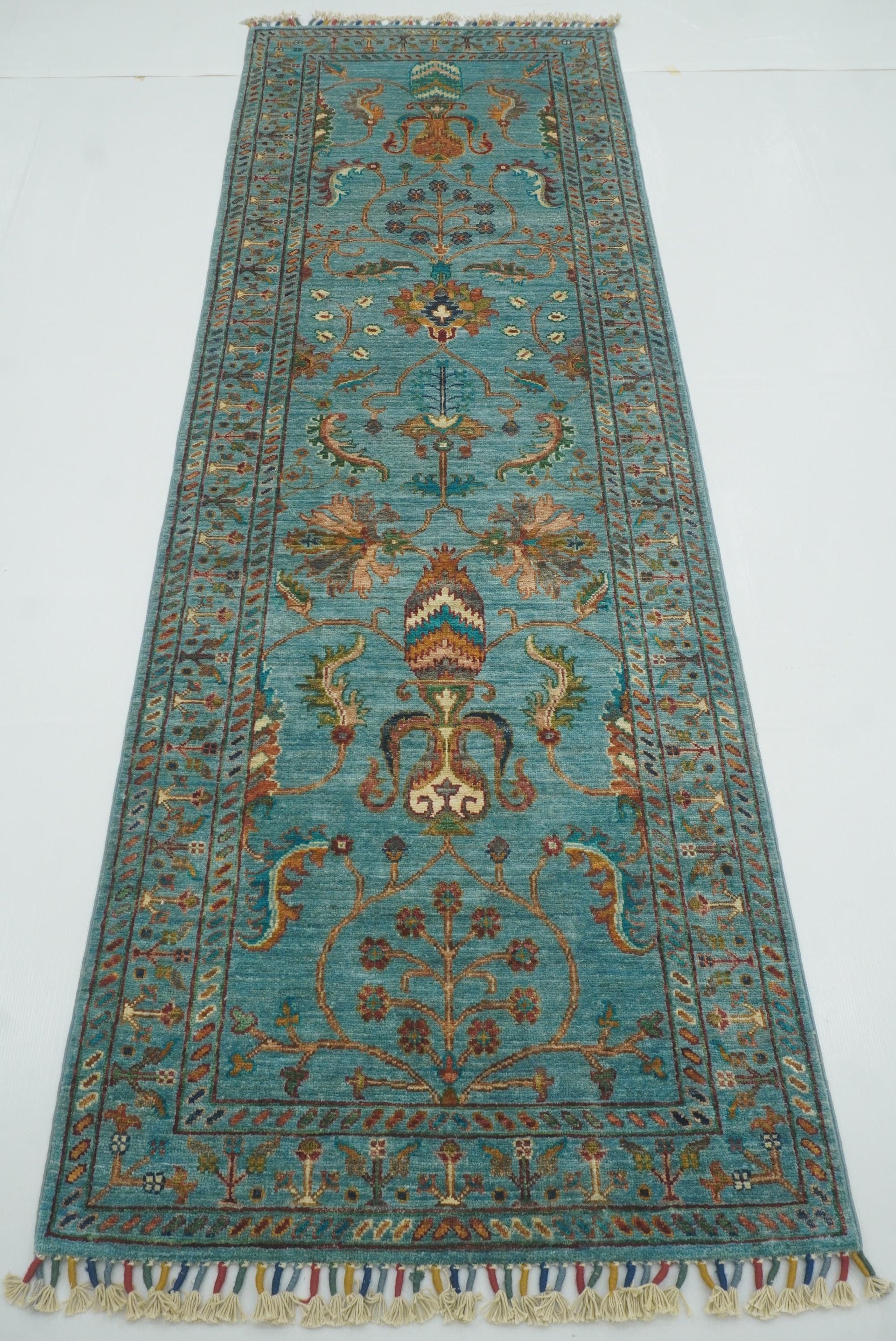 8 ft Waziri Turquoise Blue Afghan Hand-Knotted Wool Runner Rug - Yildiz Rugs