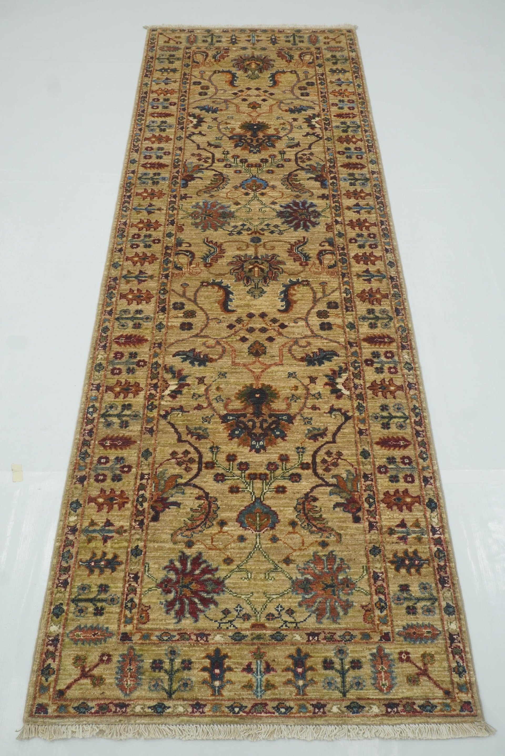 8 ft Waziri Beige Afghan Hand-Knotted Wool Runner Rug - Yildiz Rugs