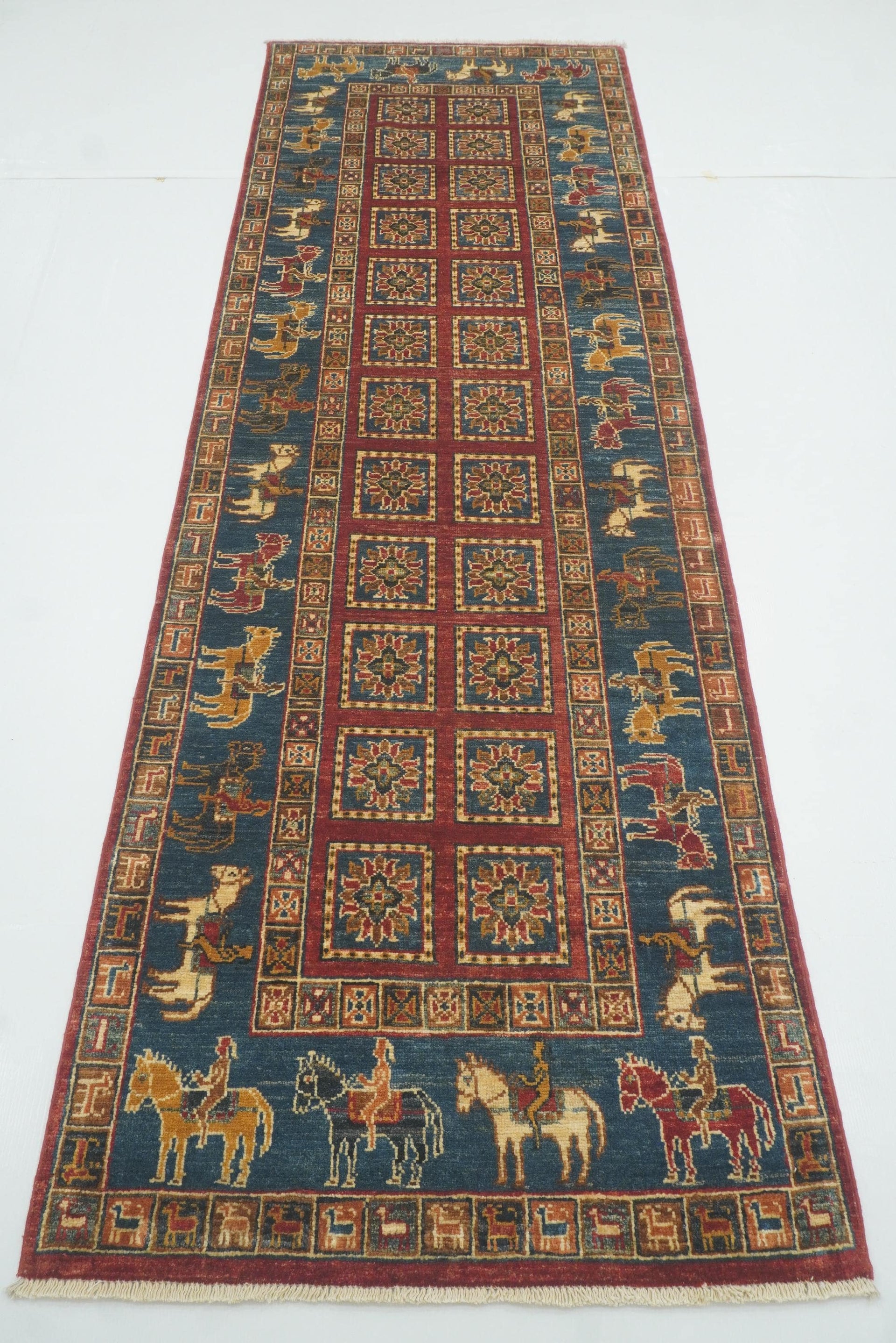 9 ft Pazyryk Red Blue Afghan Wool Tribal Runner Rug - Yildiz Rugs