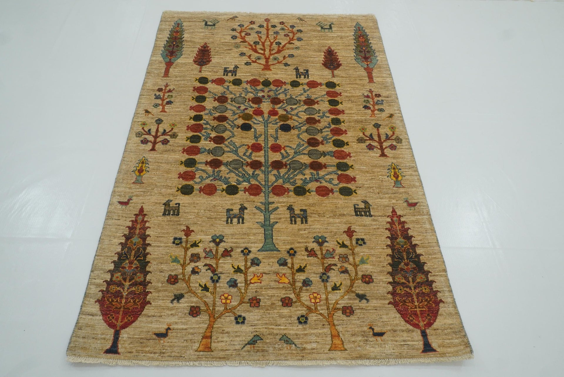 4x6 Beige Gabbeh Tree of life Afghan Hand knotted Rug - Yildiz Rugs