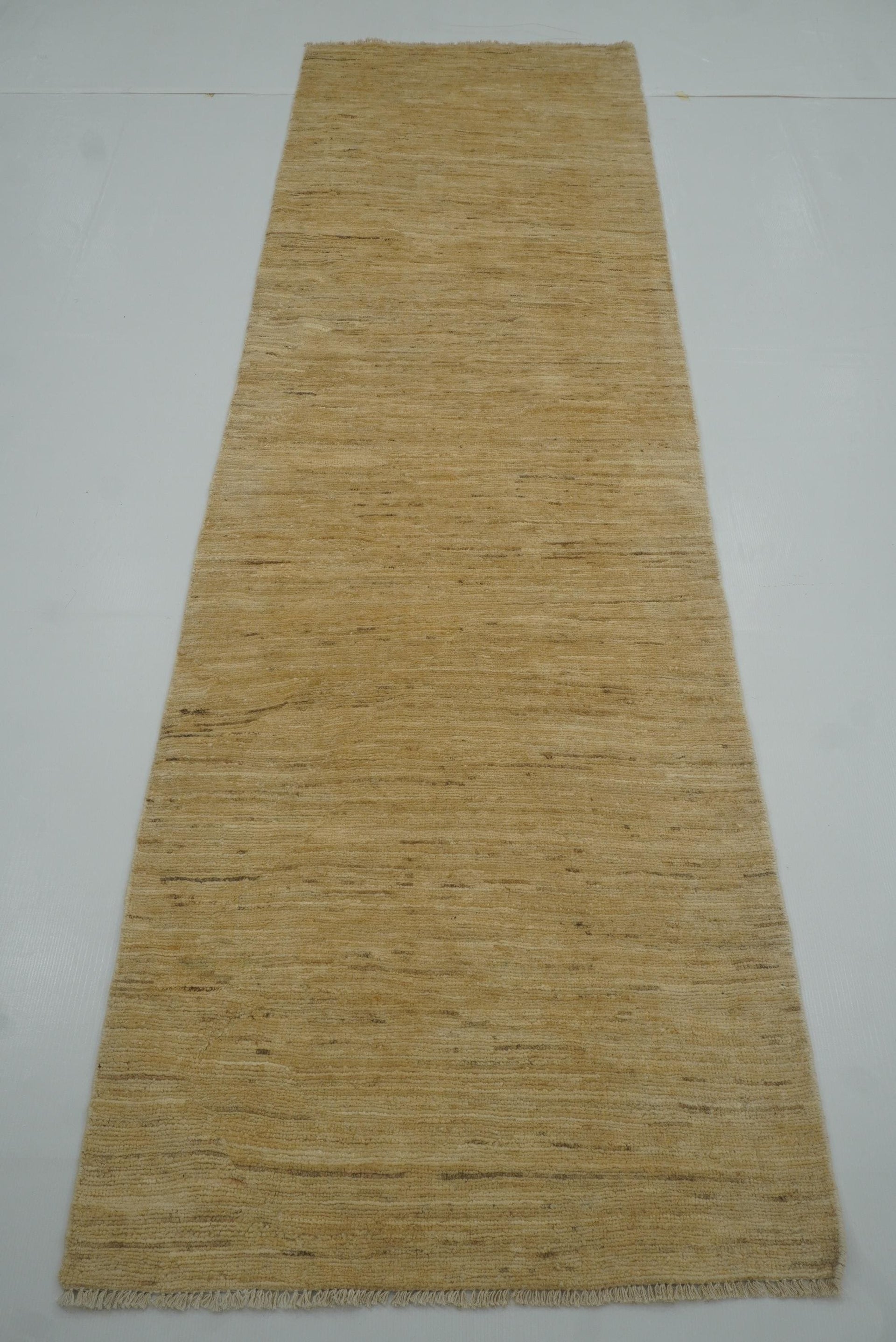 2'9"x9'3" Solid Gabbeh Gold Beige Afghan Hand Knotted Runner Rug