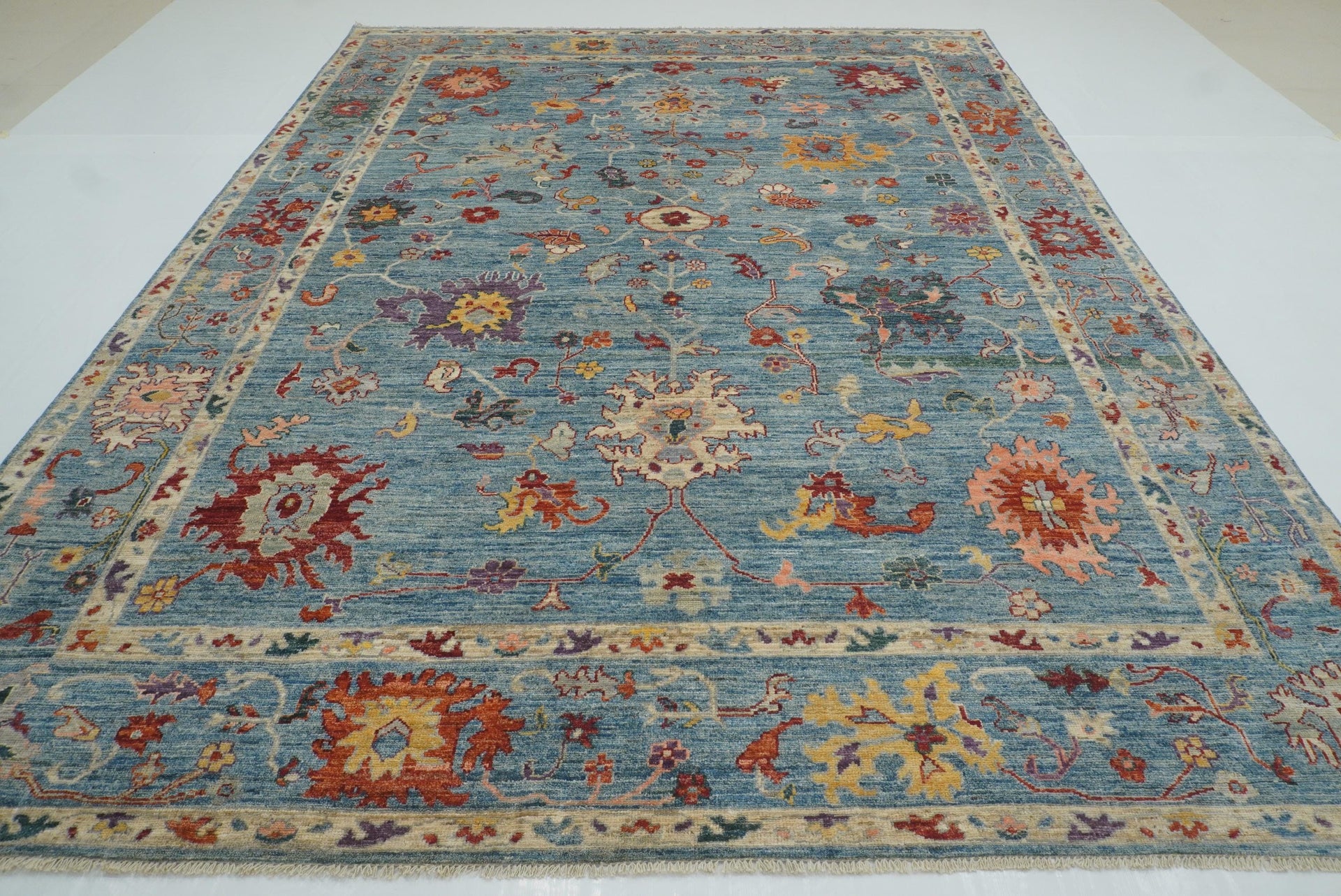 9x12 Blue Oushak Hand-Knotted Plush Wool Turkish Rug
