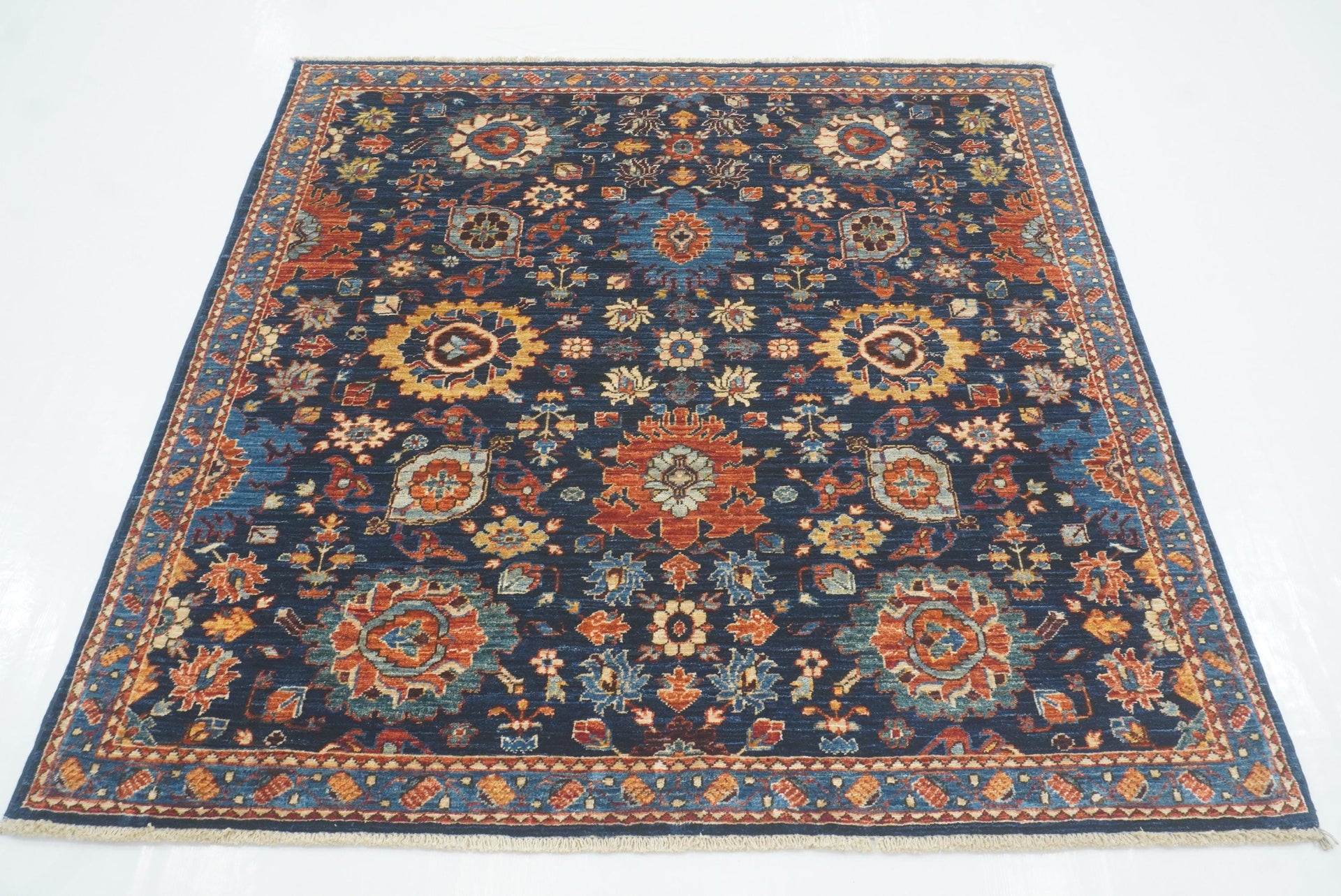5x5 Navy Blue Afghan Hand-Knotted Wool Square Rug