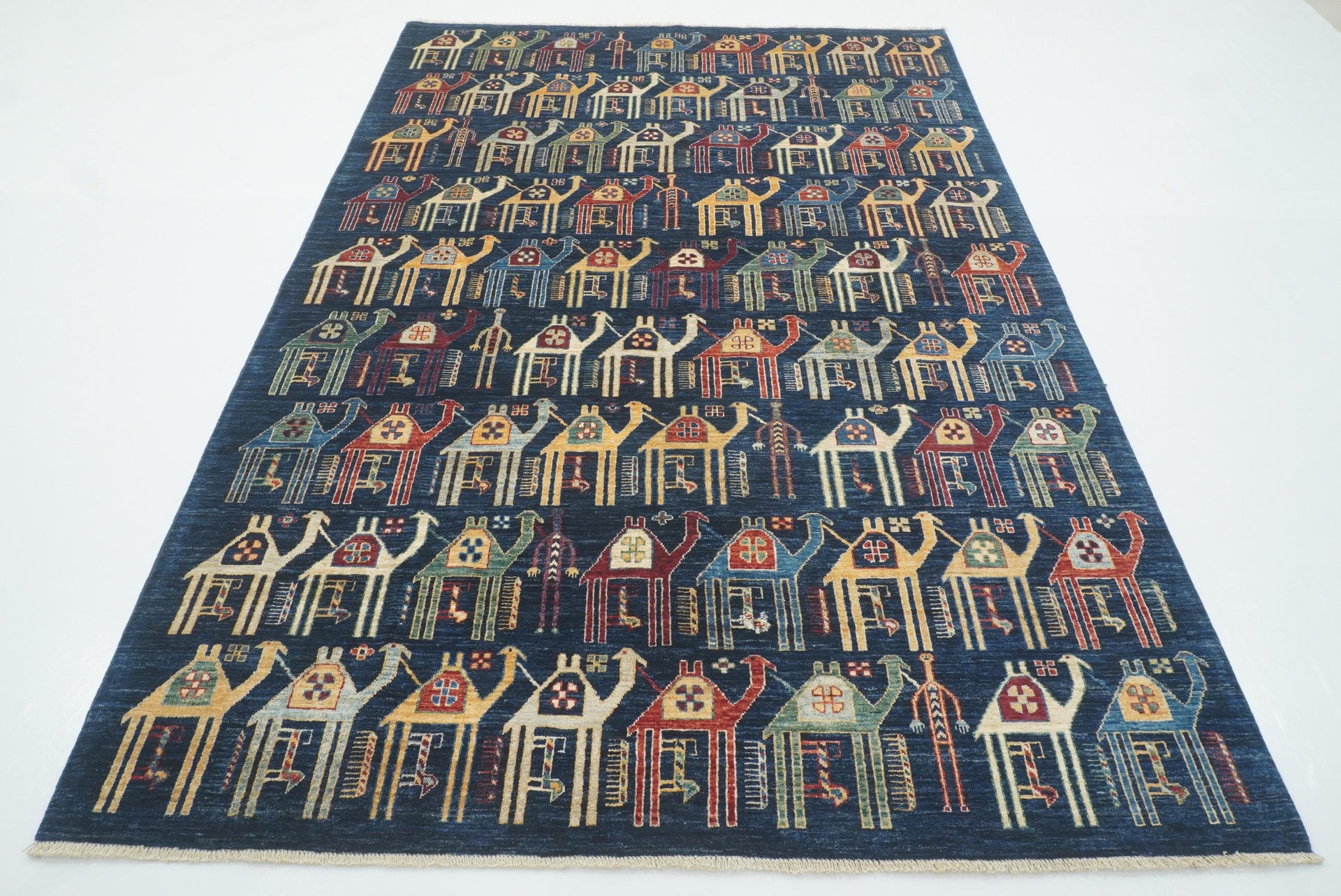 6x9 Gabbeh Camel Train Navy Blue Afghan Hand knotted Rug
