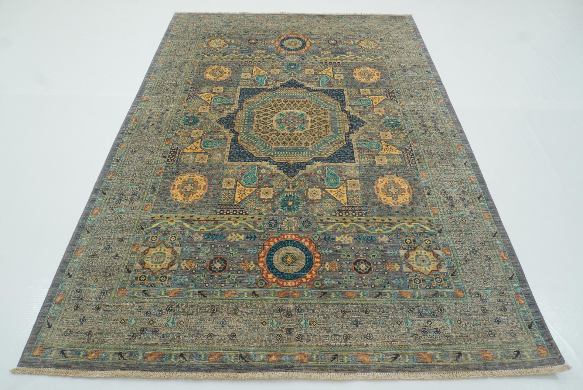 6x8 Mamluk Blueish Gray Afghan Hand Knotted Wool Rug