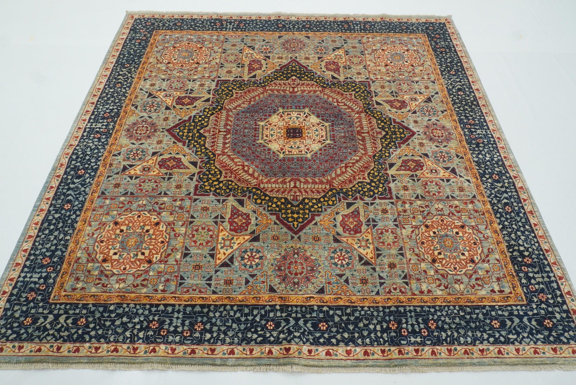 7x7 Blue Mamluk Turkish style Hand Knotted Wool Square Rug
