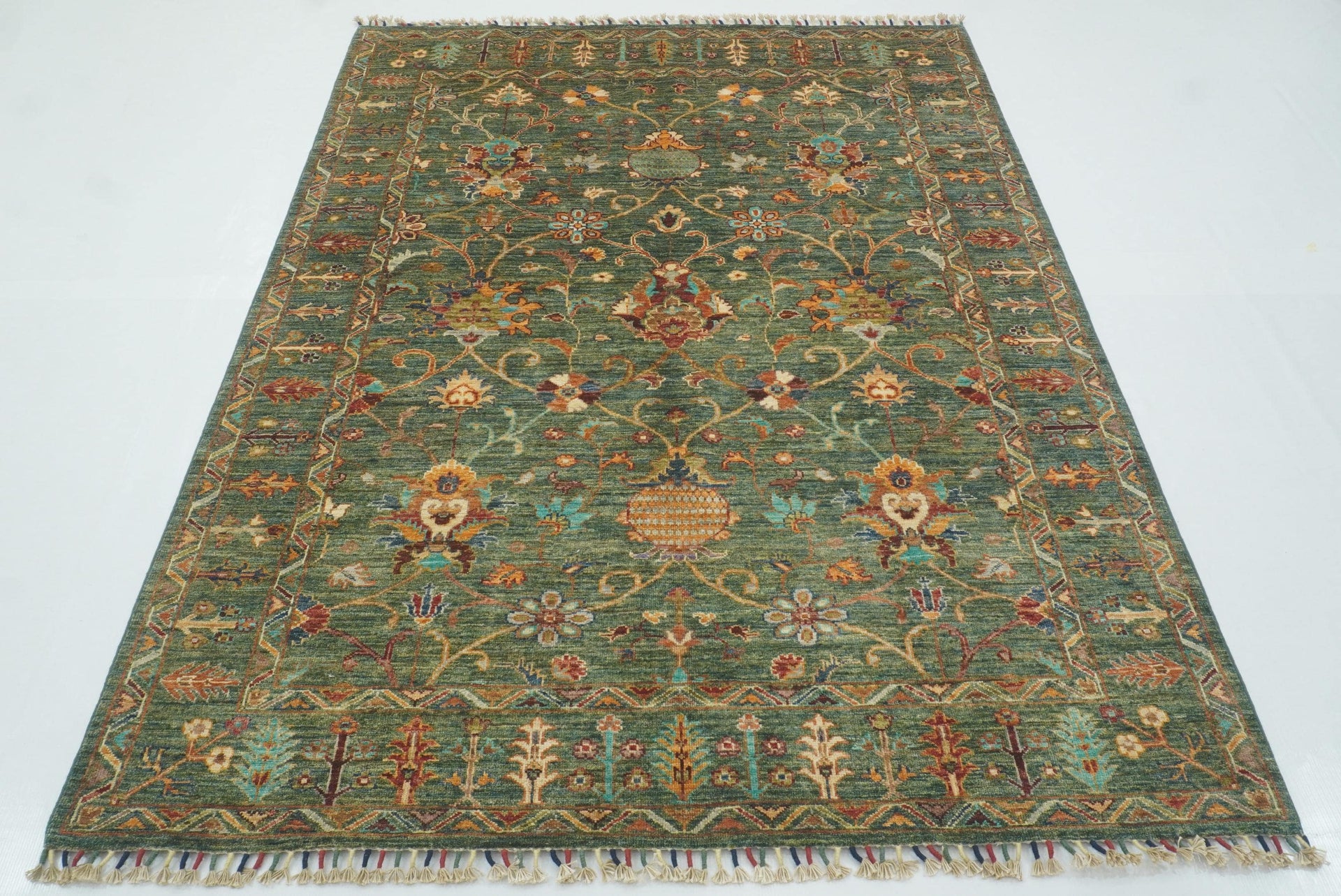 5x7 Green Waziri Afghan Hand knotted Wool Oriental Rug