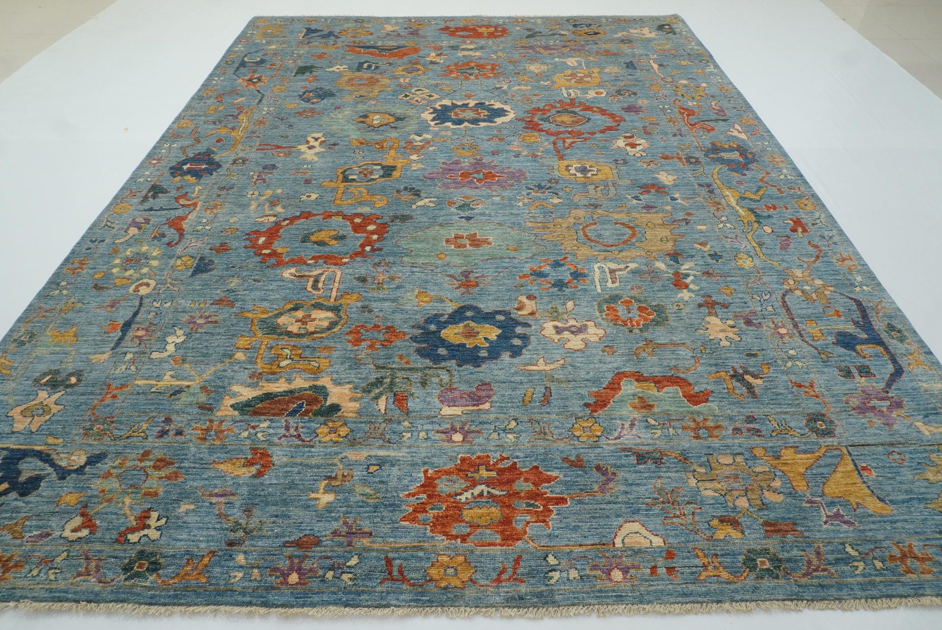 9x12 Blue Oushak Hand-Knotted Wool Turkish Rug