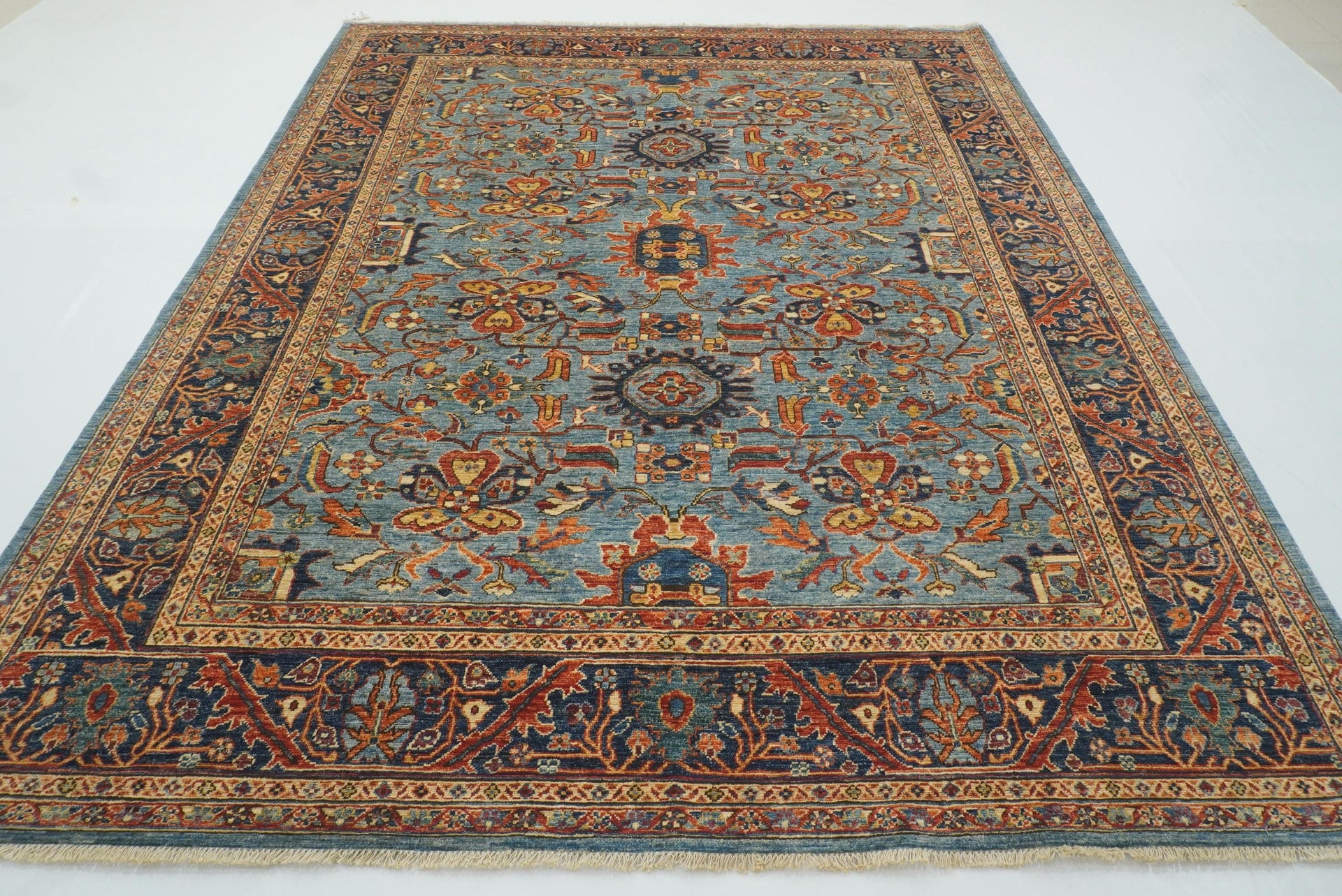 8x10 Blue Heriz Afghan Hand-Knotted Wool Oriental Rug