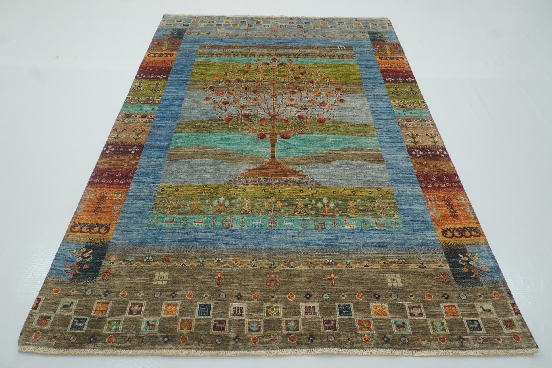 6x8 Blue Gabbeh Hand-Knotted Afghan Tree of Life Rug