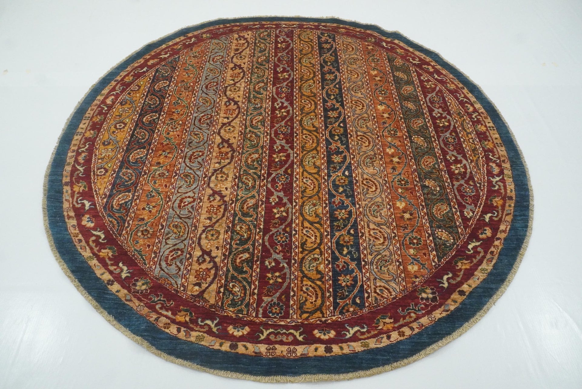 7x7 Blue Afghan Hand-Knotted Wool Tribal Round Rug