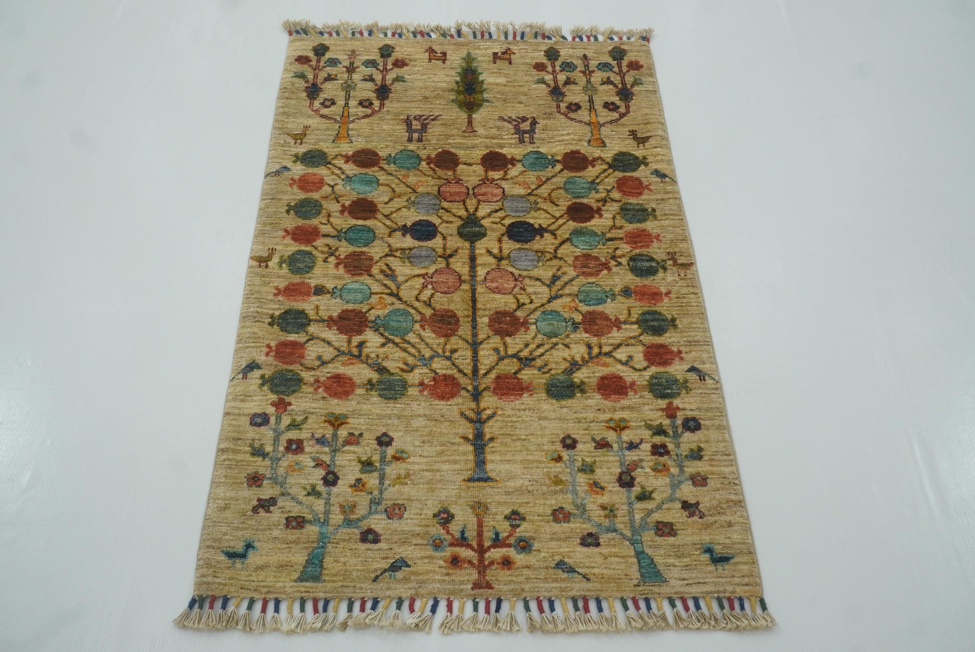 3x4 Beige Gabbeh Tree of Life Afghan Hand-Knotted Rug