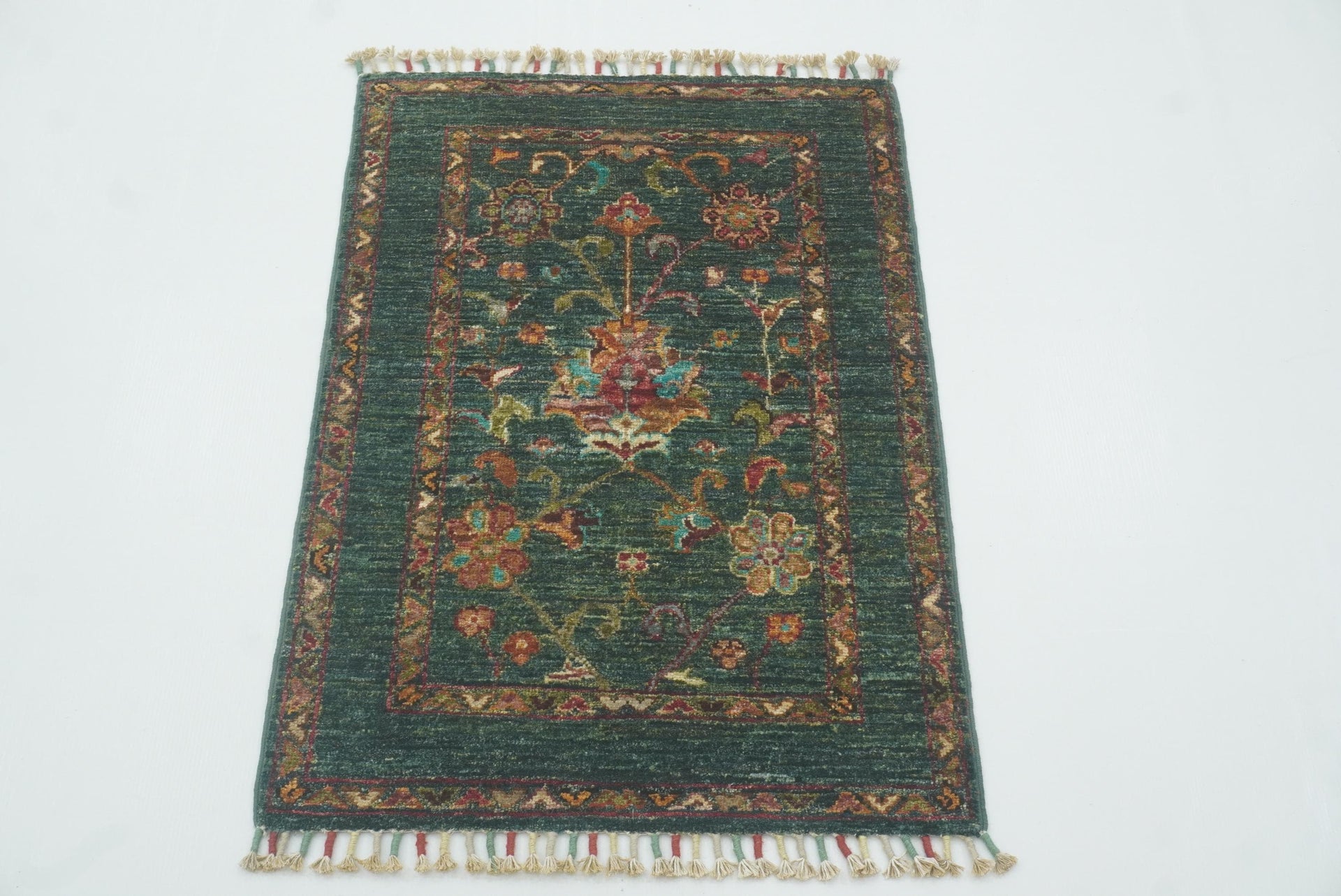 2x3 Green Waziri Afghan Hand knotted Oriental Rug - Yildiz Rugs
