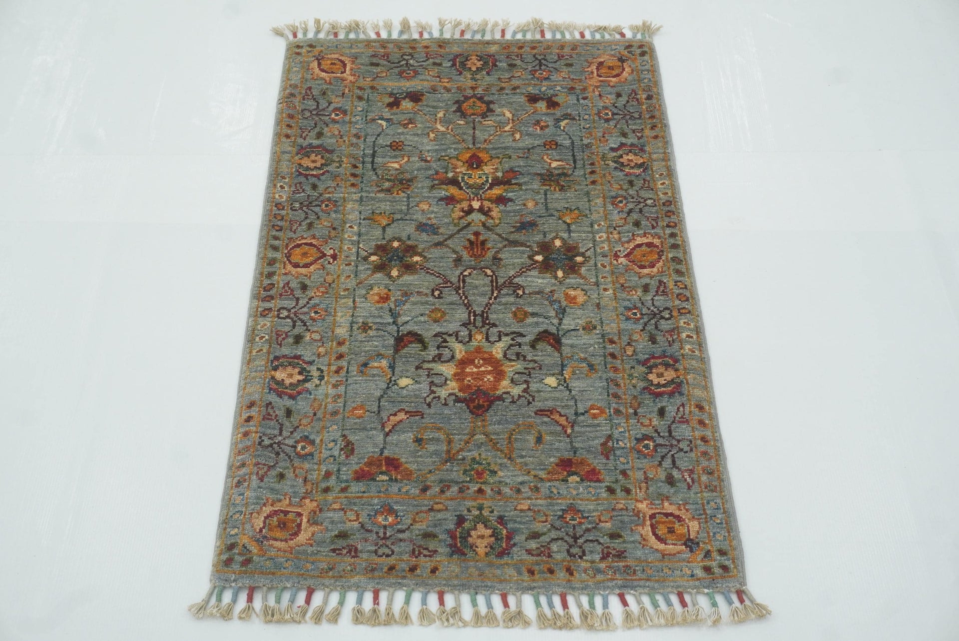 2x3 Gray Afghan Waziri Floral Hand Knotted Wool Rug - Yildiz Rugs