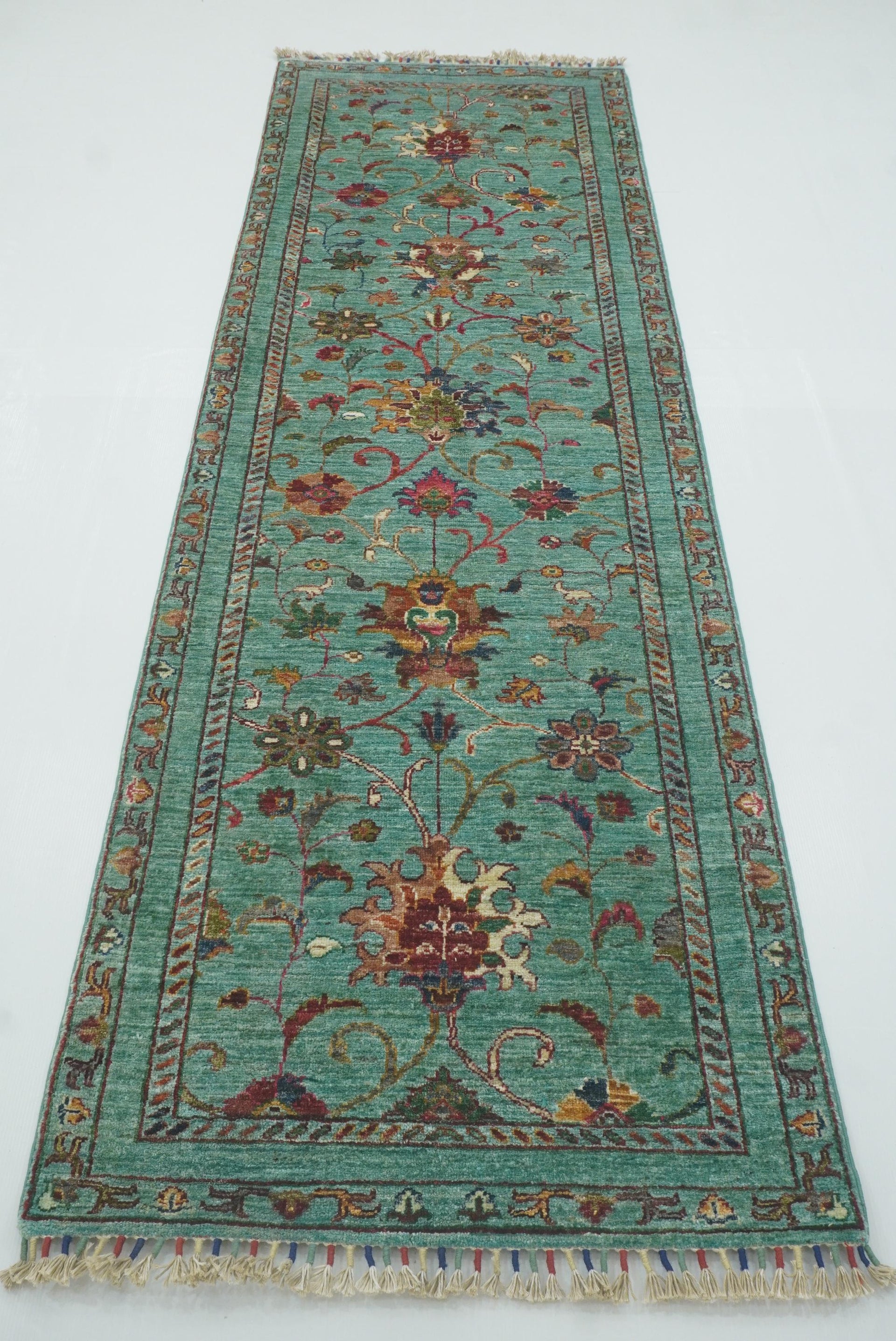 9 ft Waziri Turquoise Blue Afghan Hand-Knotted Wool Runner Rug - Yildiz Rugs