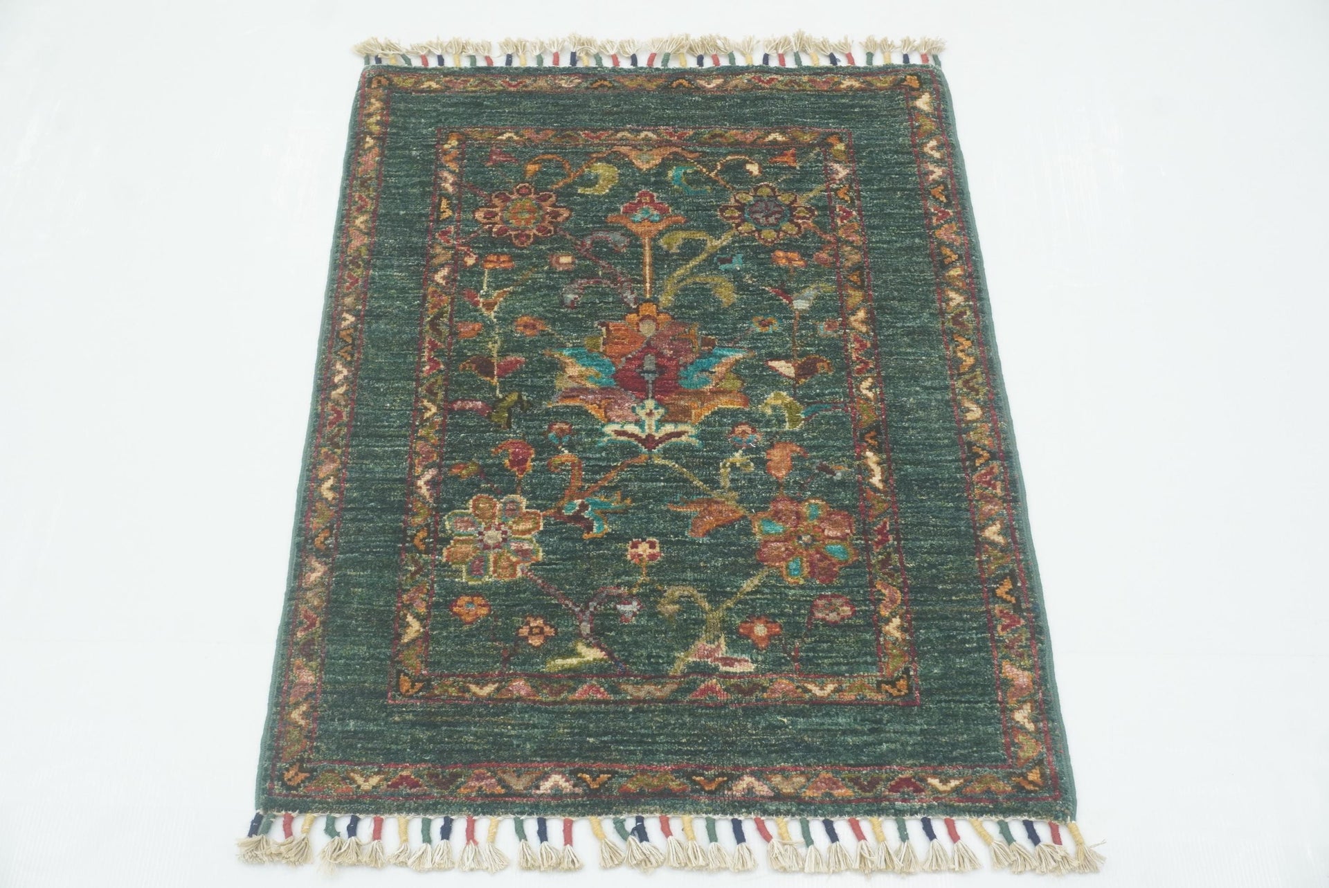 2x3 Green Waziri Afghan Hand knotted Oriental Rug - Yildiz Rugs
