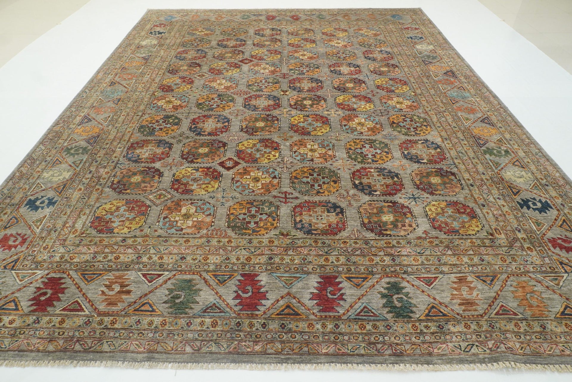 10x13 Gray Ersari Hand-Knotted Afghan Wool Tribal Rug