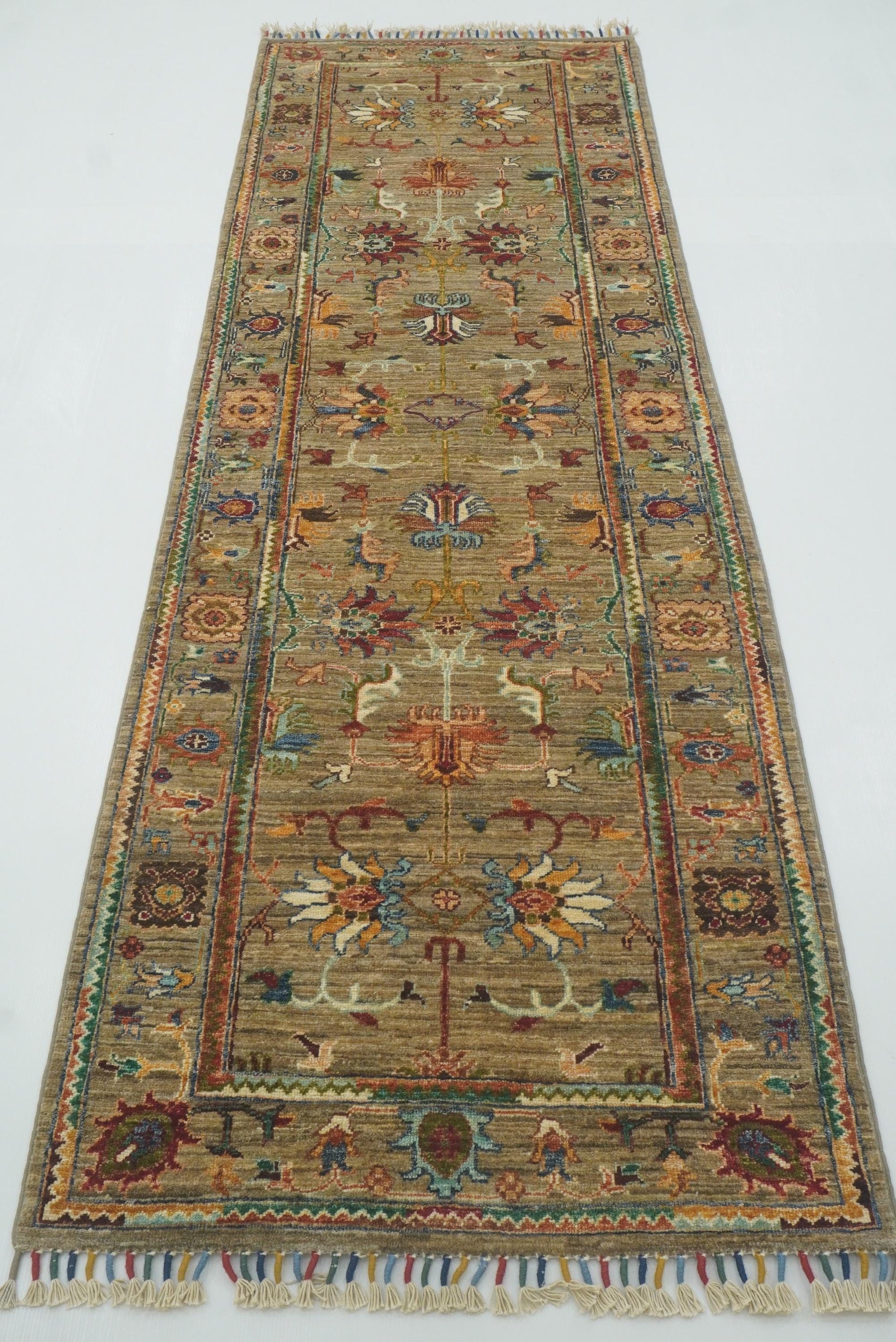 2'9"x8'6" Waziri Gray Afghan Hand-Knotted Wool Runner Rug