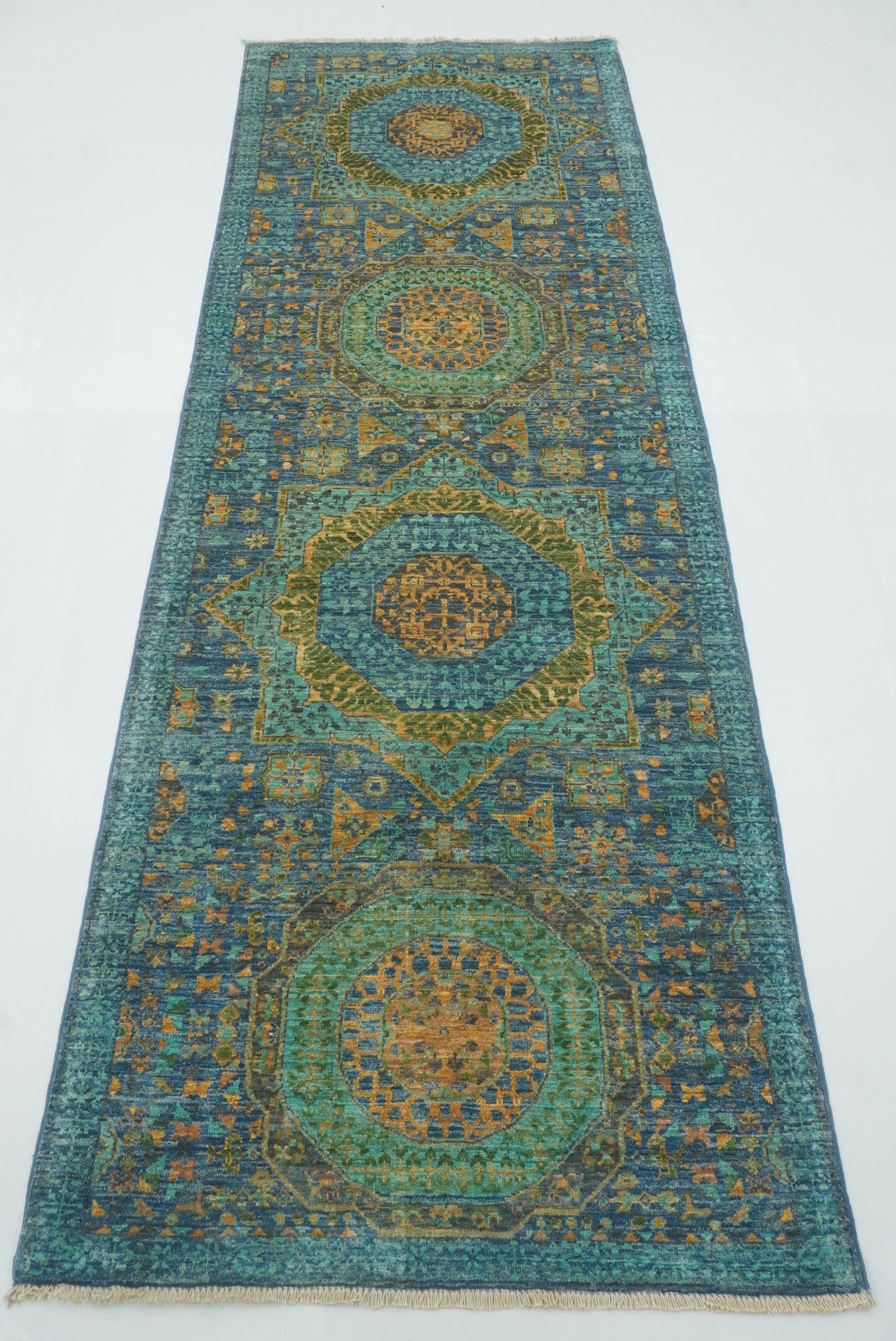 8 ft Blue Mamluk Afghan Hand Knotted Wool Runner Rug