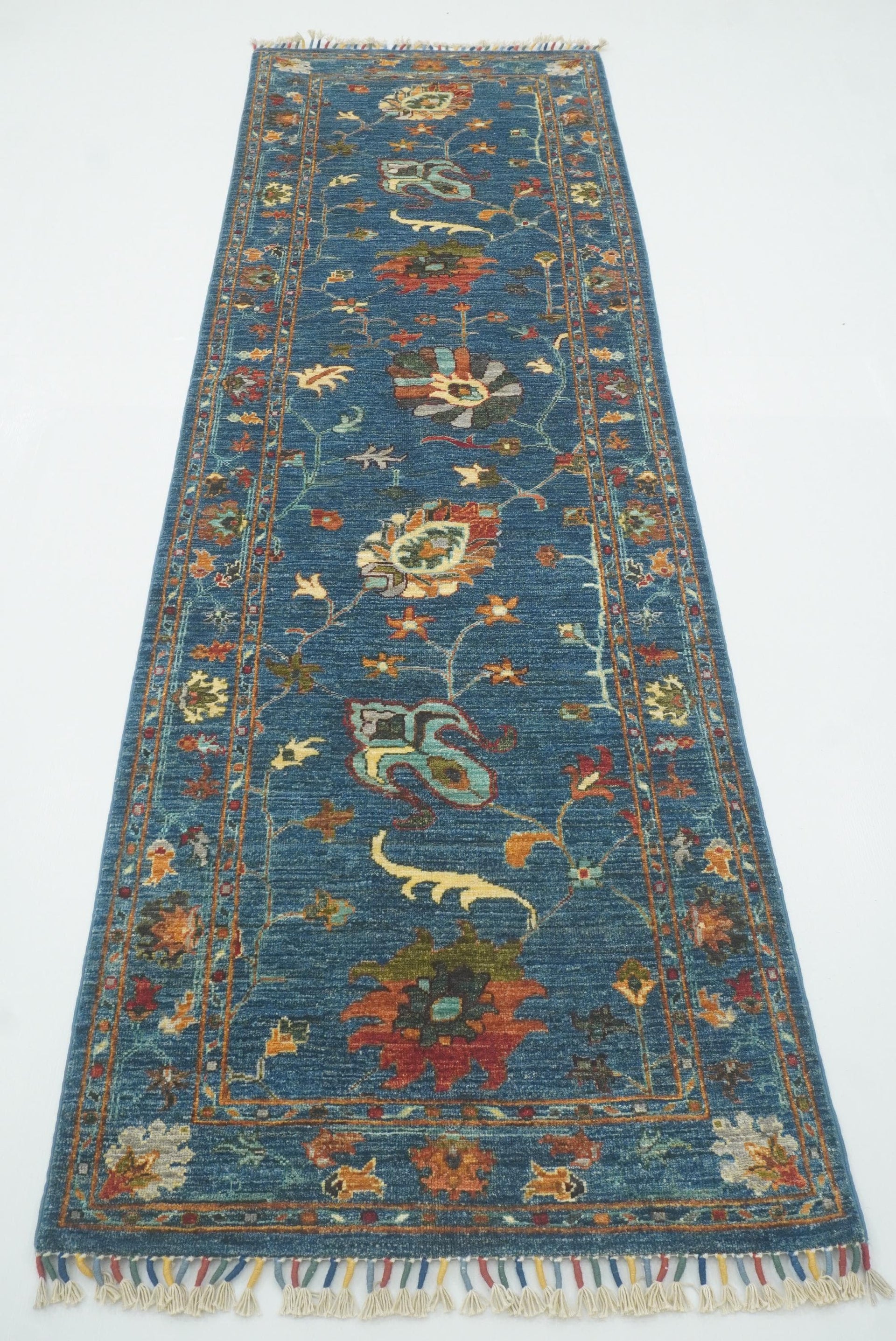 9 ft Waziri Blue Afghan Hand-Knotted Runner Rug