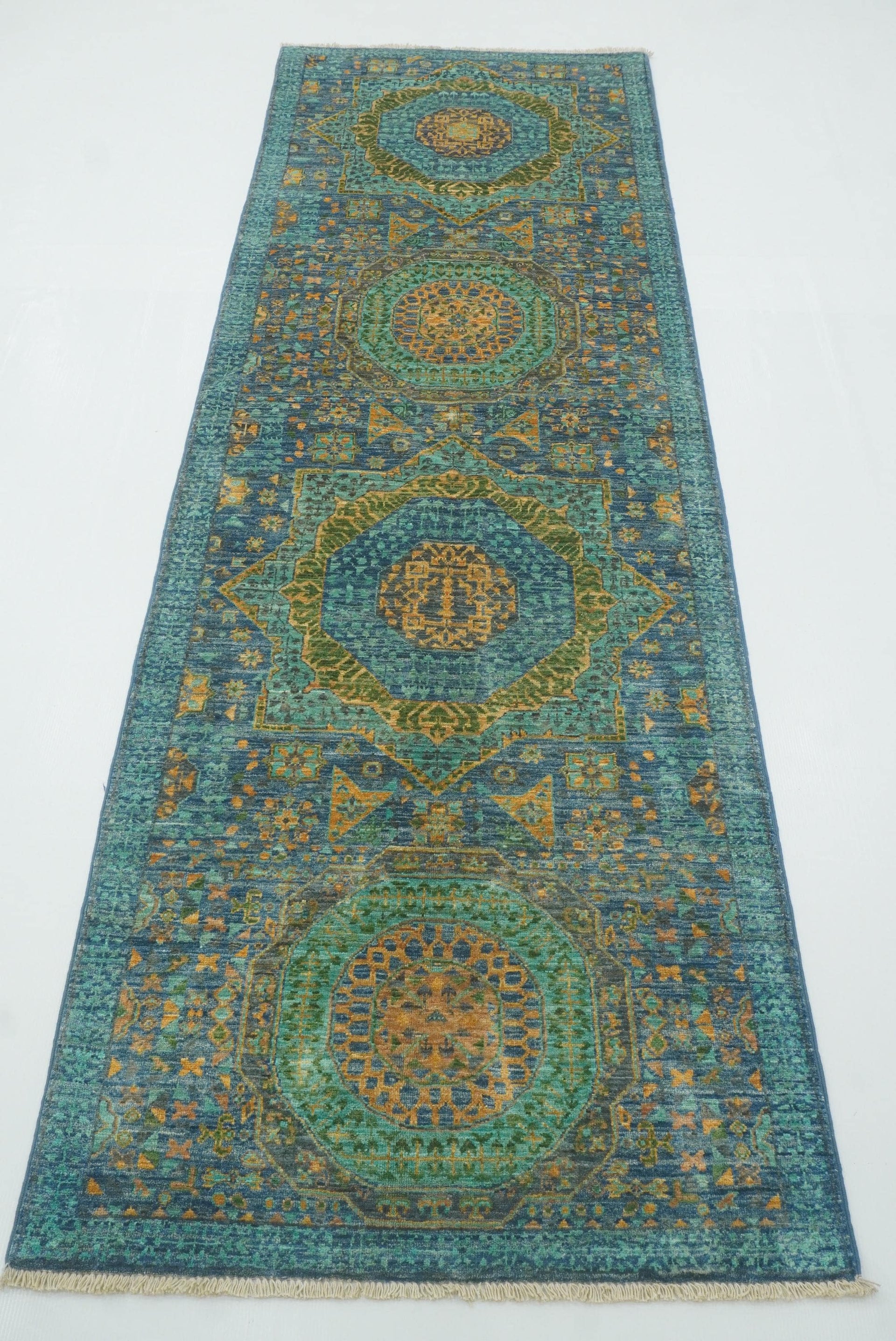8 ft Blue Mamluk Afghan Hand Knotted Runner Rug