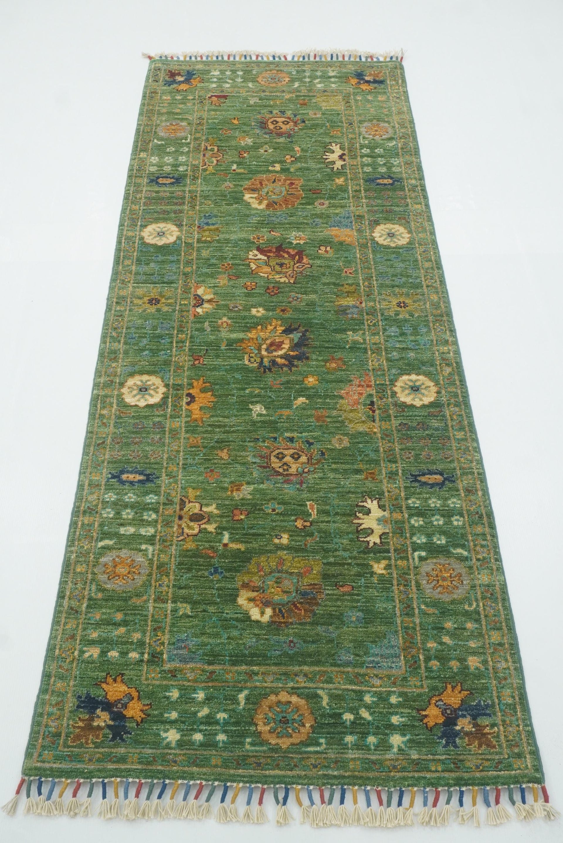 7 ft Waziri Green Afghan Hand-Knotted Wool Runner Rug - Yildiz Rugs