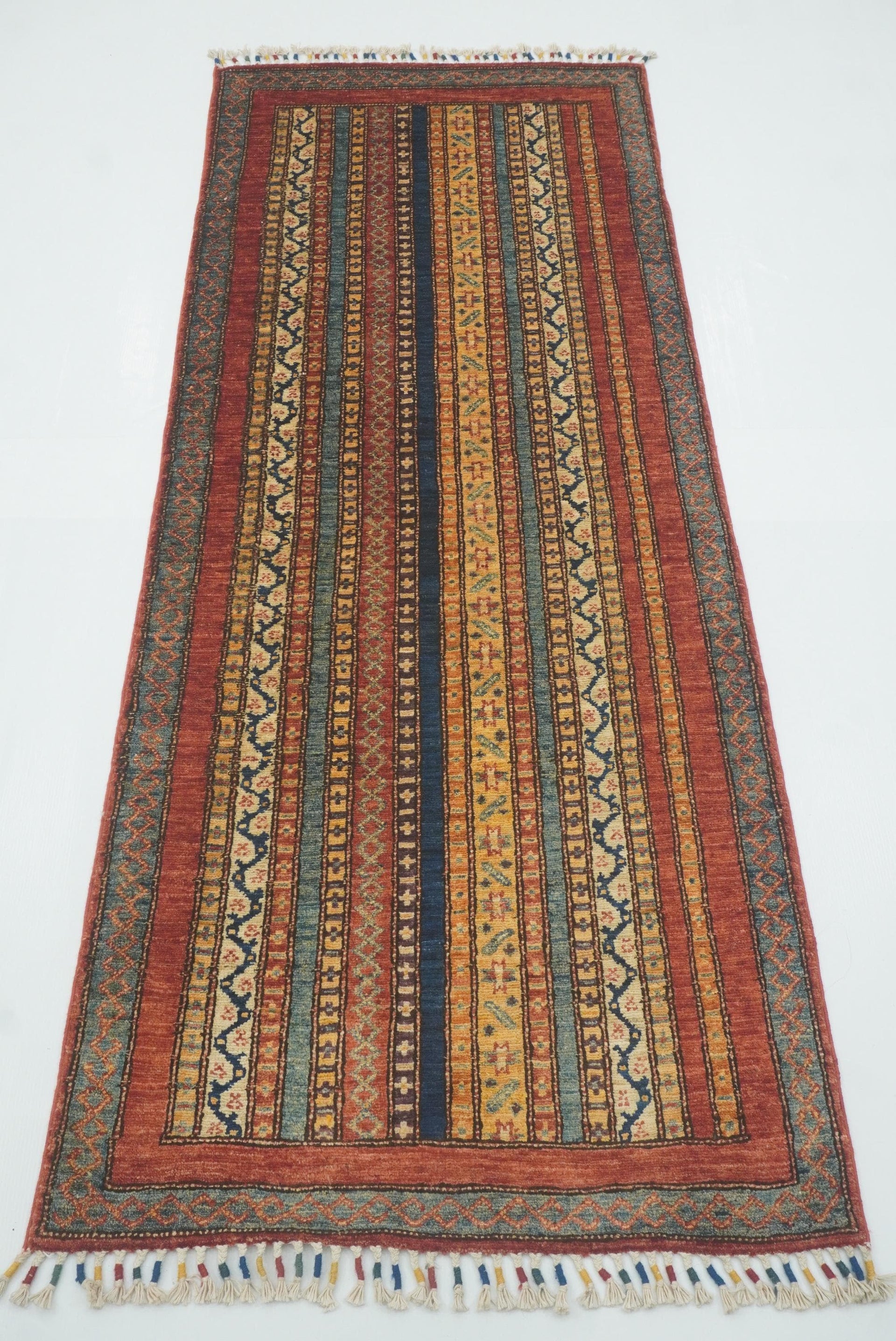 2'6"x6'4" Red Afghan Hand-Knotted Wool Striped Runner Rug - Yildiz Rugs
