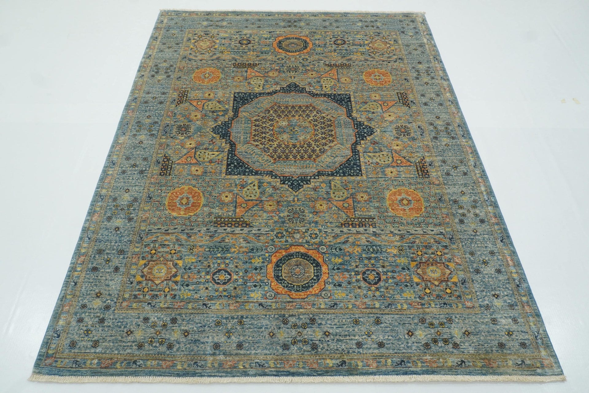 5x7 Blue Mamluk Afghan Hand-Knotted Wool Medallion Rug