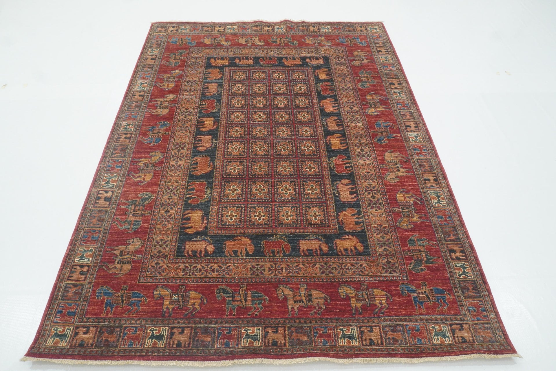 5x7 Red Pazyryk Afghan Hand-Knotted Wool Tribal Rug - Yildiz Rugs