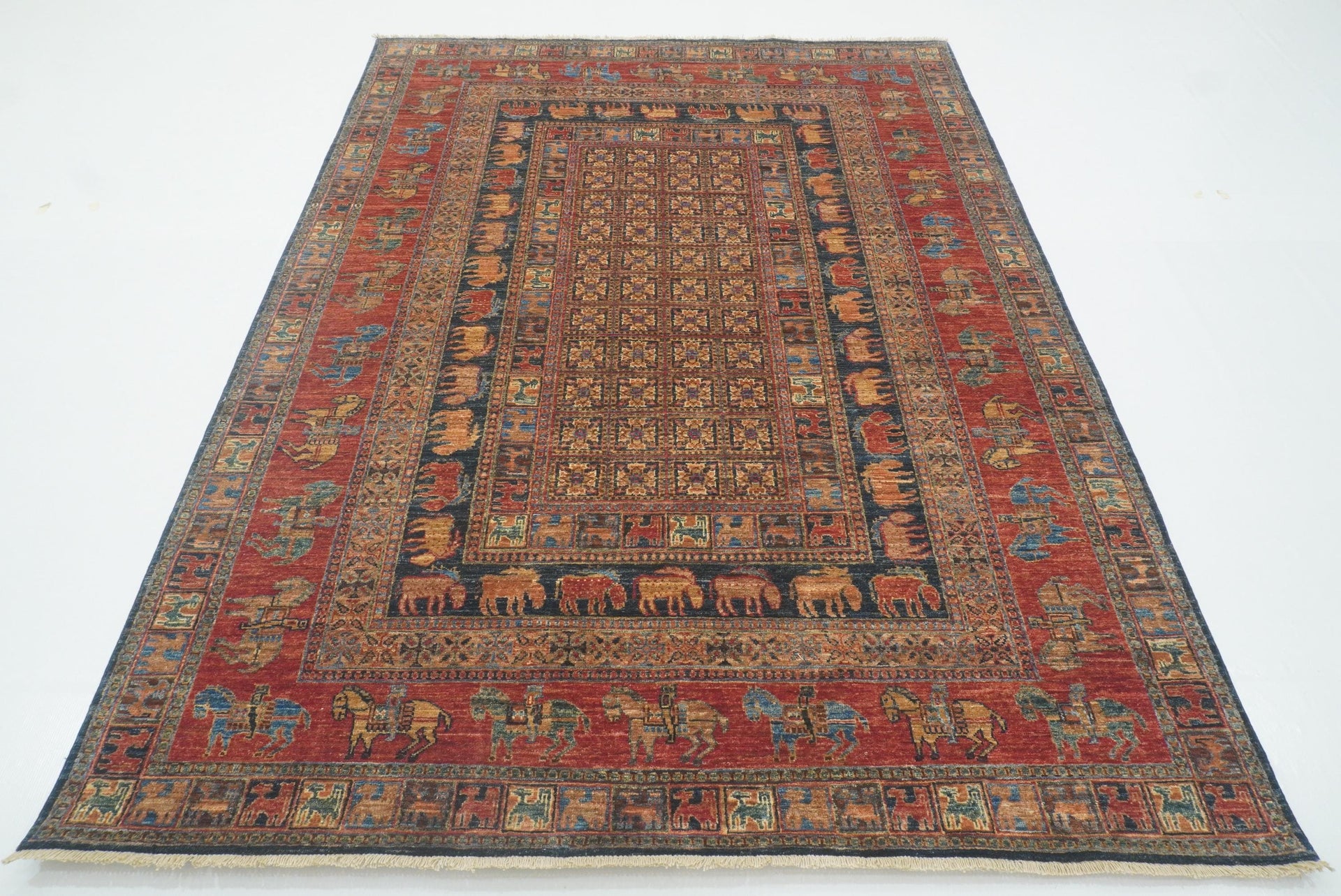6x8 Red Pazyryk Afghan Hand-Knotted Wool Tribal Rug - Yildiz Rugs