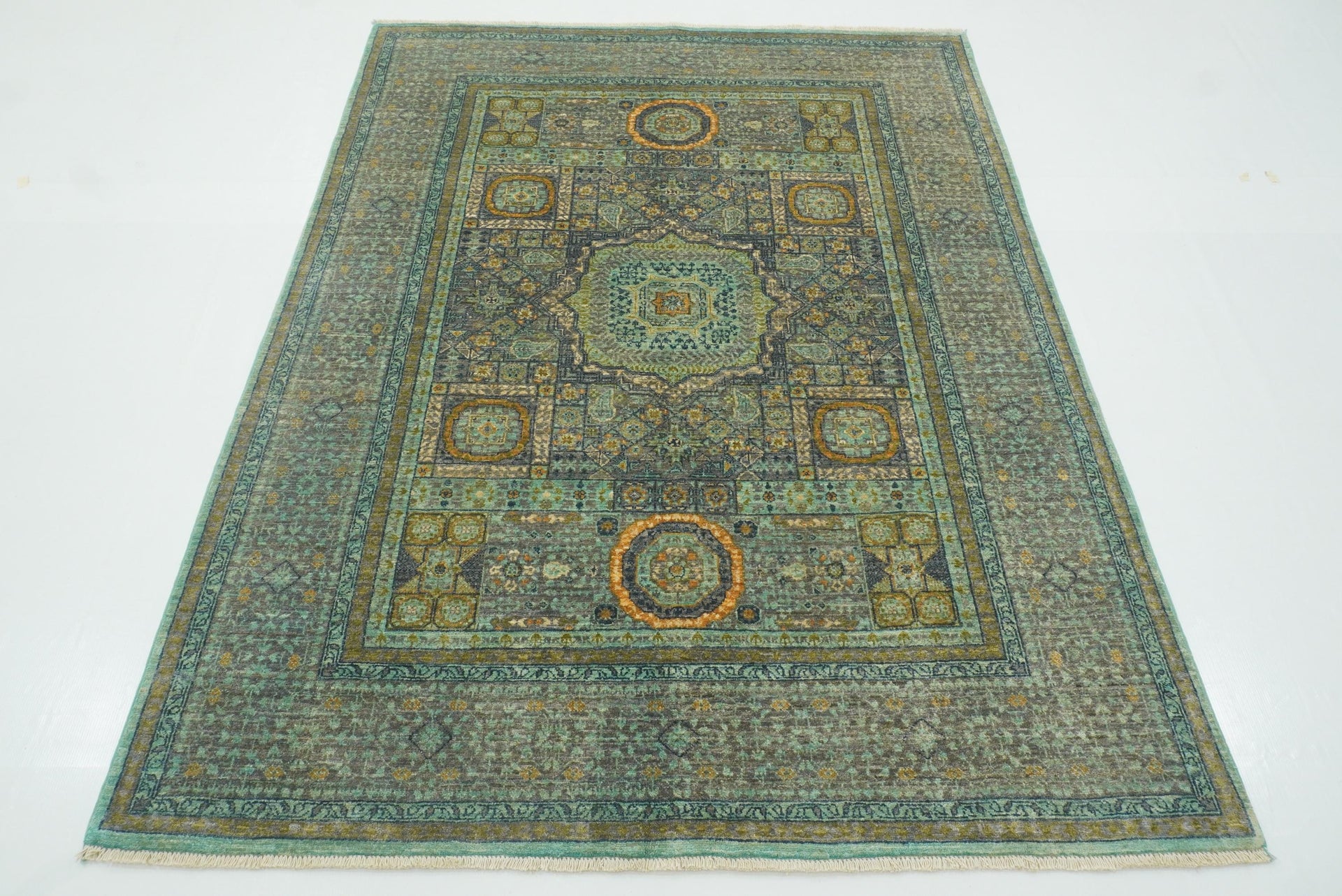 5x7 Blue Mamluk Afghan Hand-Knotted Wool Medallion Rug