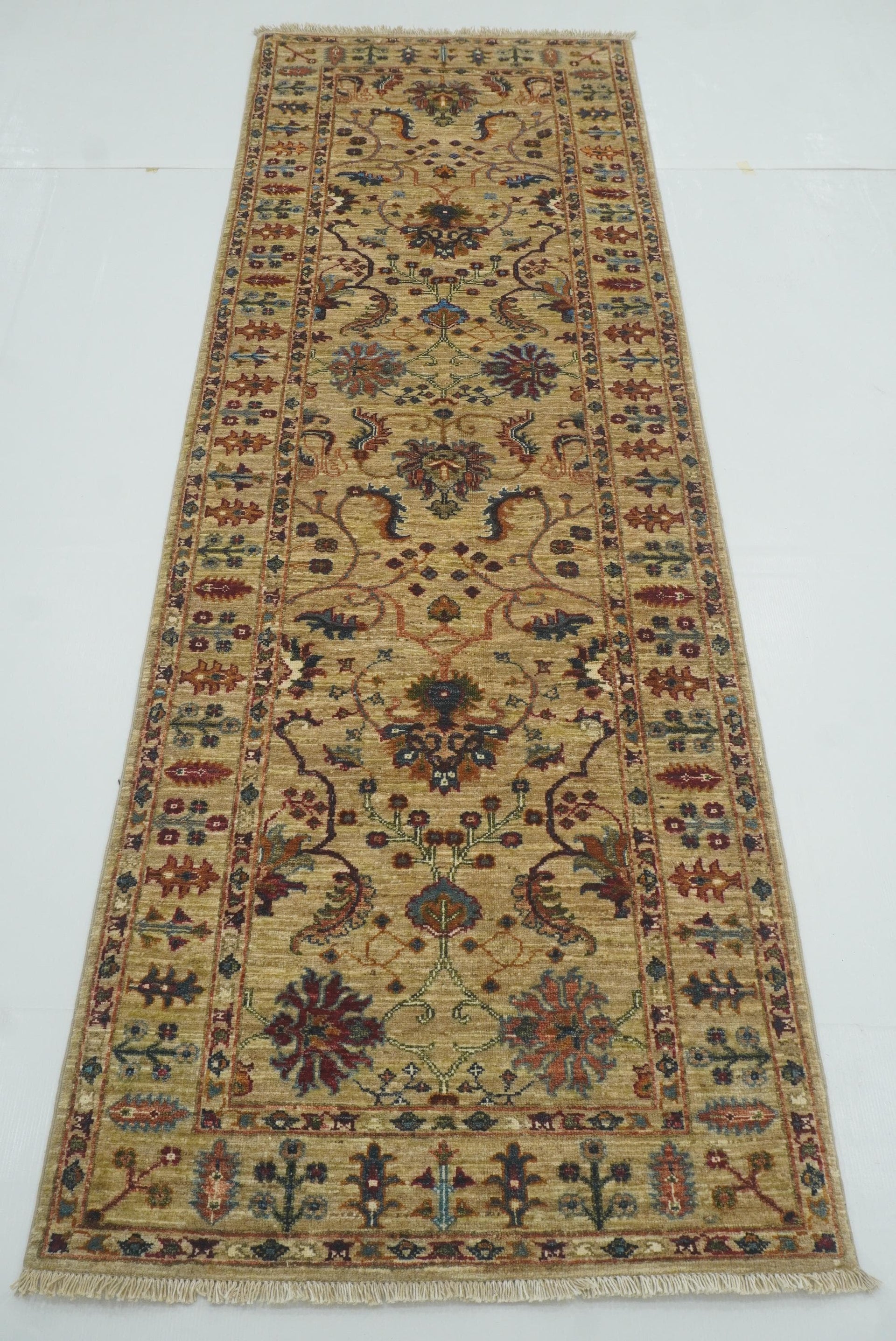 8 ft Waziri Beige Afghan Hand-Knotted Wool Runner Rug - Yildiz Rugs