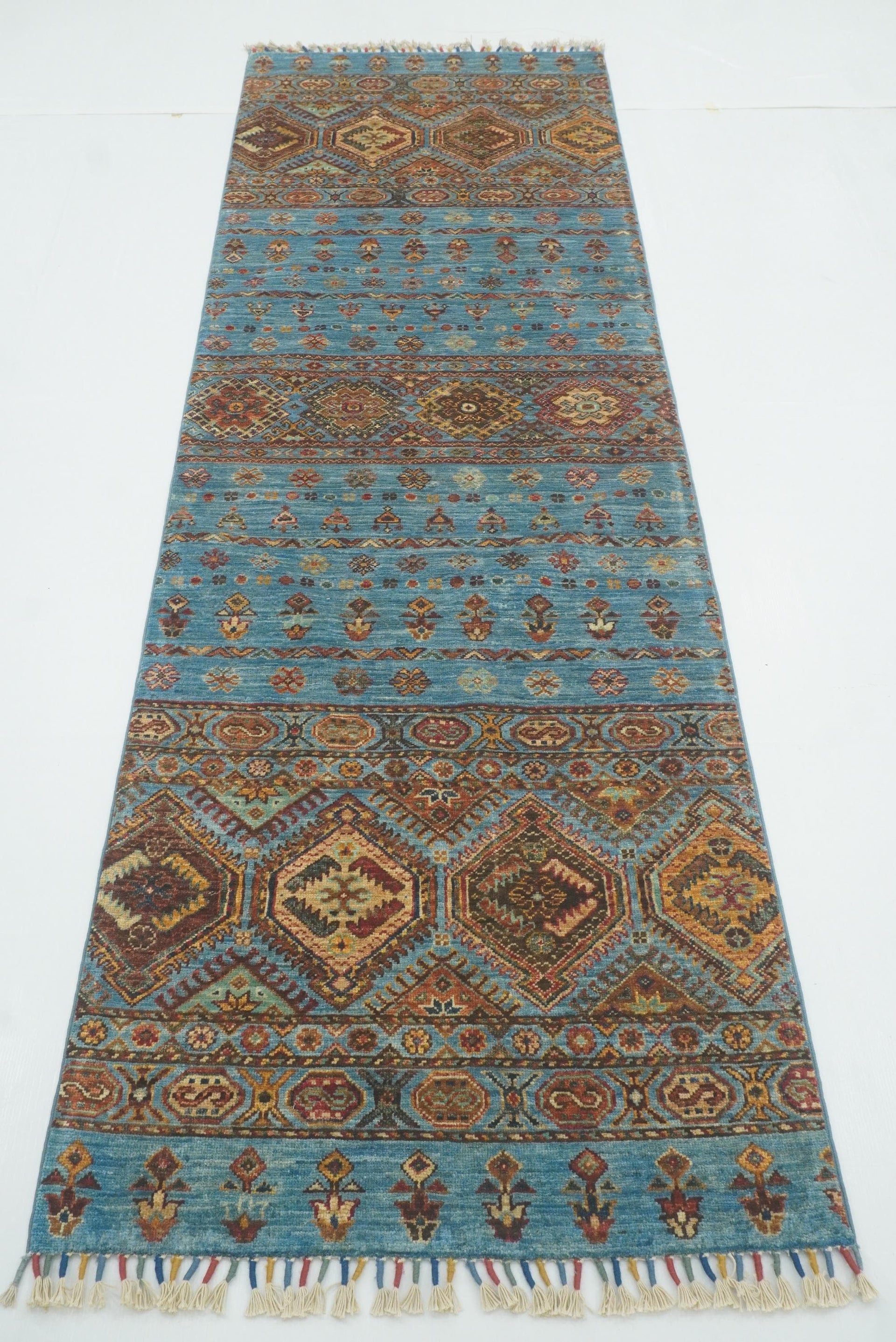 8 ft Blue Khorjin Afghan Hand Knotted Wool Runner Rug - Yildiz Rugs