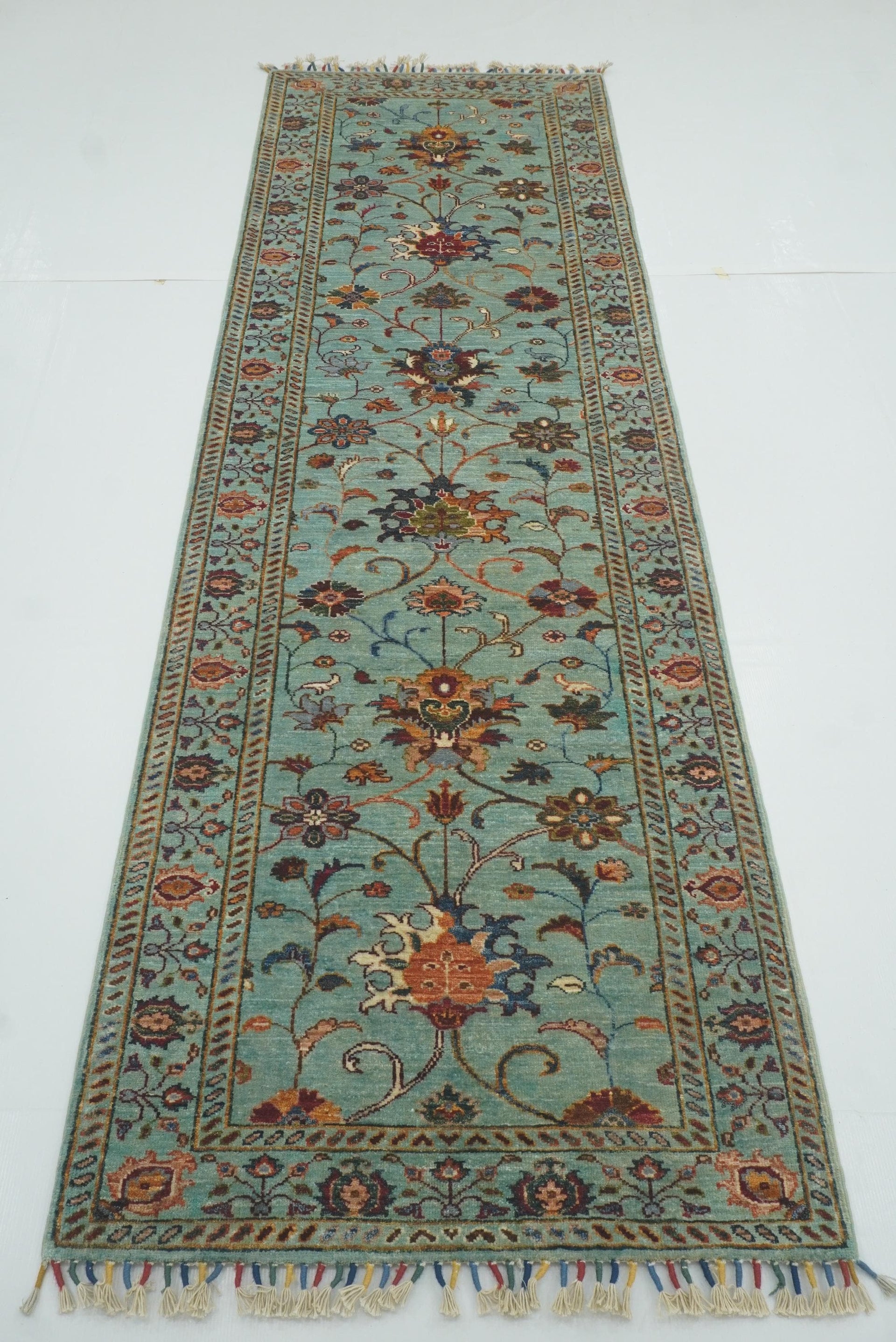 9 ft Waziri Blue Afghan Hand-Knotted Wool Runner Rug