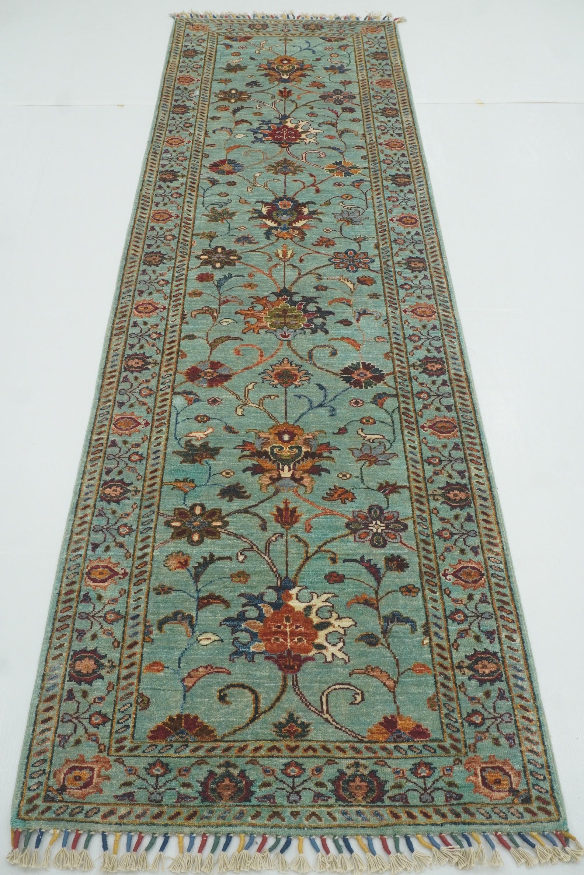 9 ft Waziri Blue Afghan Hand-Knotted Wool Runner Rug - Yildiz Rugs
