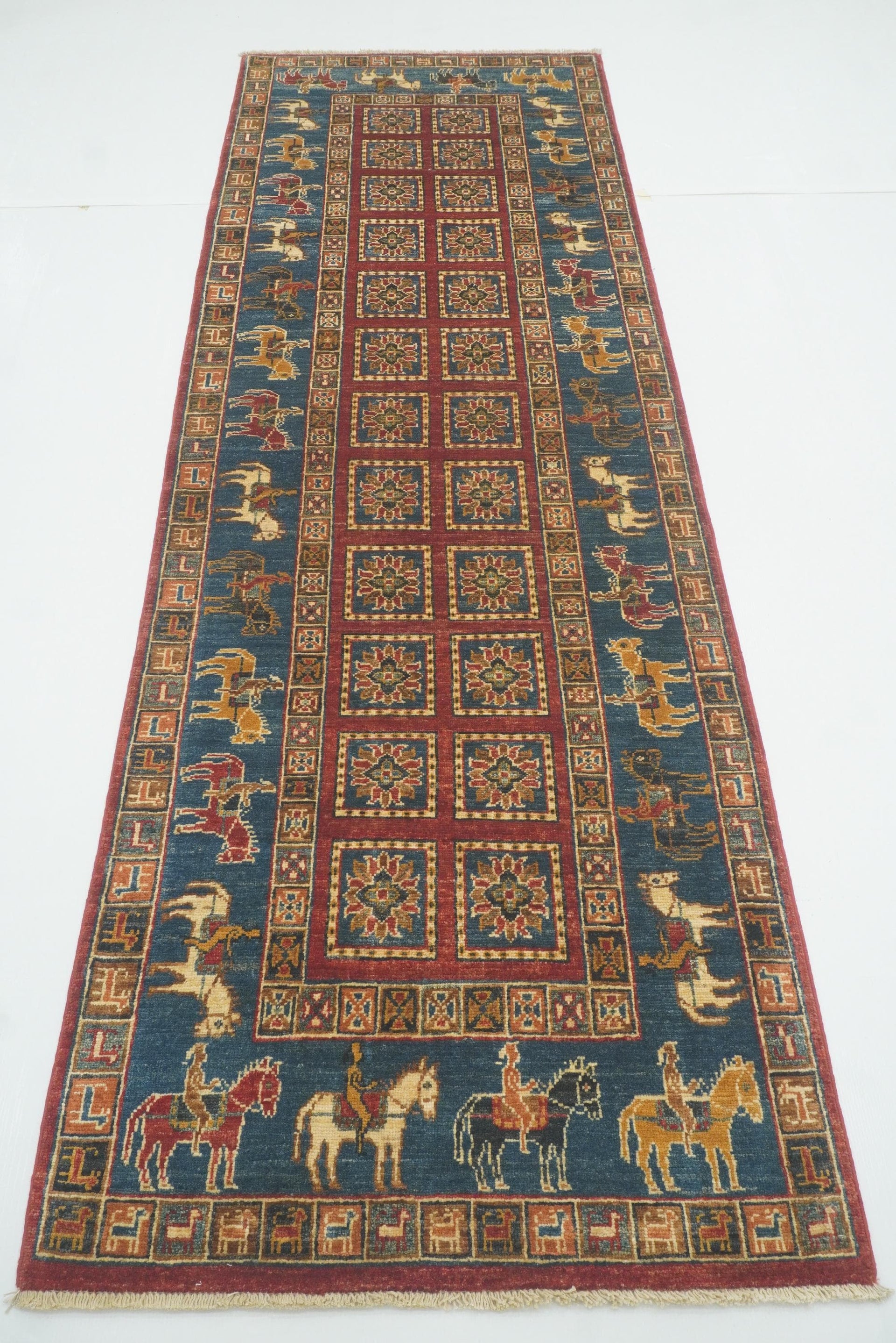 9 ft Pazyryk Red Blue Afghan Wool Tribal Runner Rug - Yildiz Rugs
