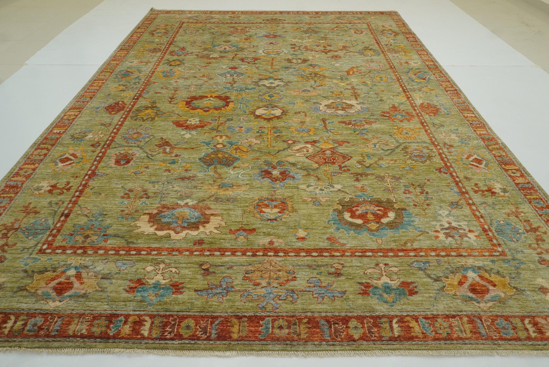 10x14 Green Oushak Hand-Knotted Wool Oriental Rug - Yildiz Rugs
