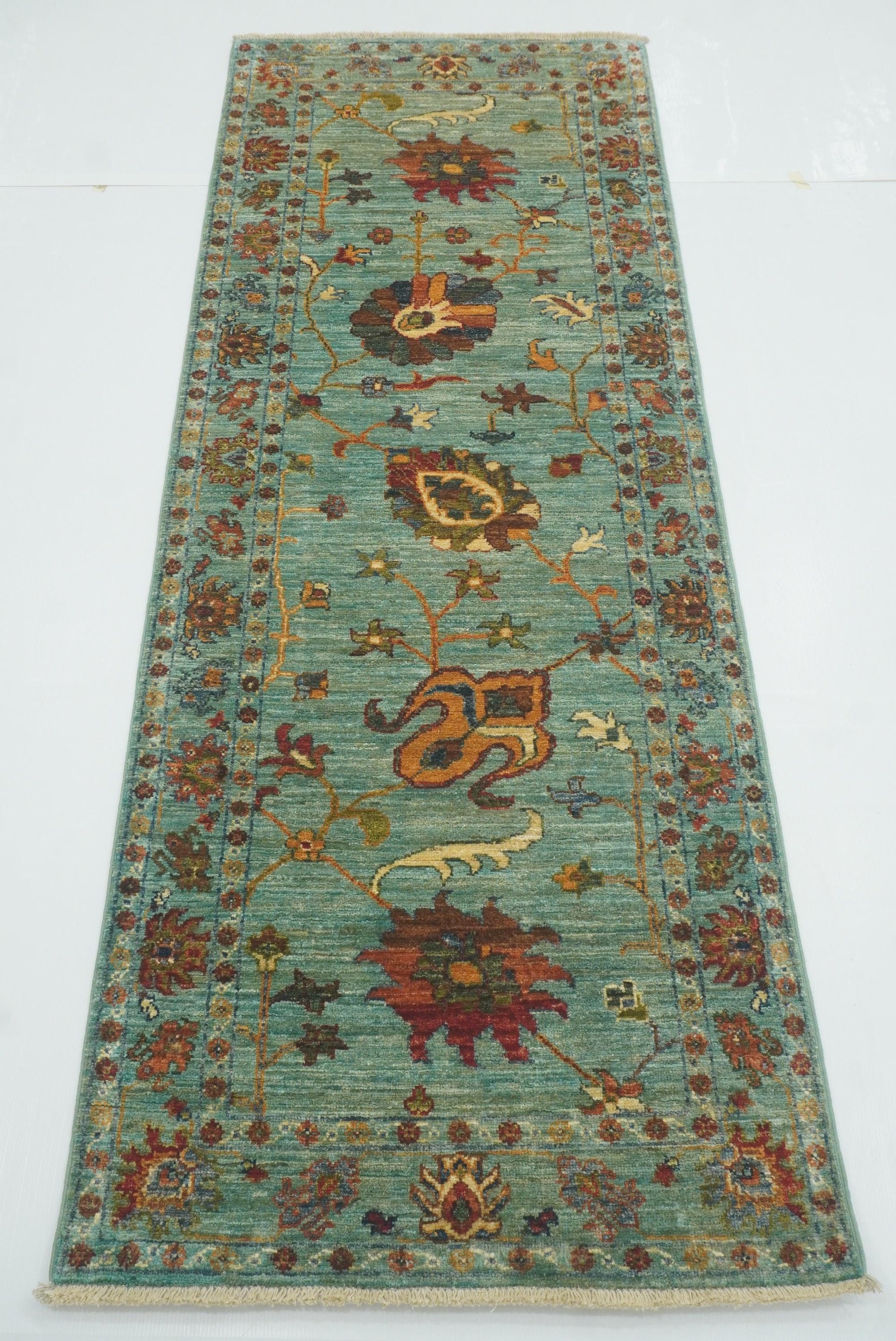 7 ft Blue Waziri Afghan Hand-Knotted Wool Runner Rug