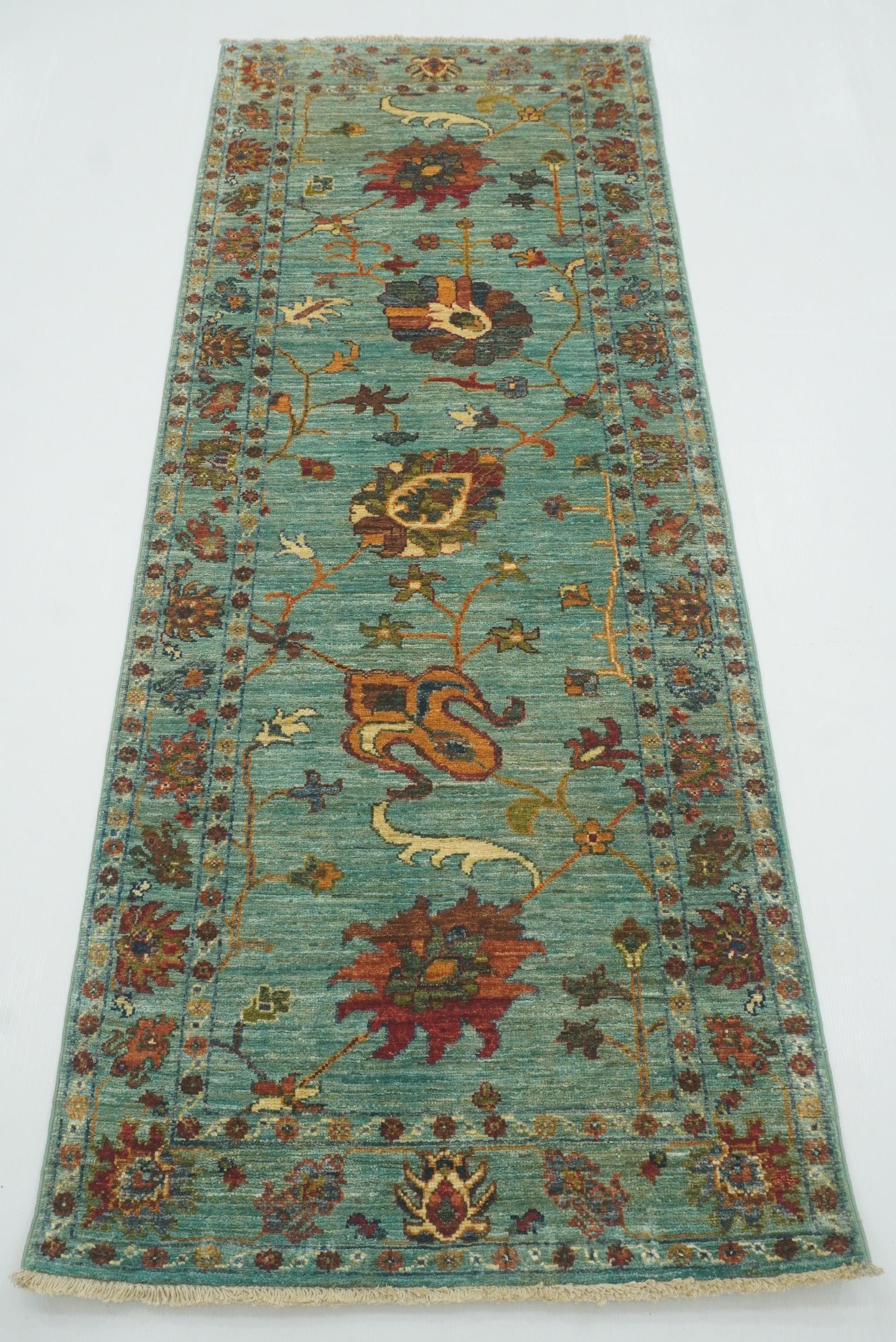 7 ft Blue Waziri Afghan Hand-Knotted Wool Runner Rug