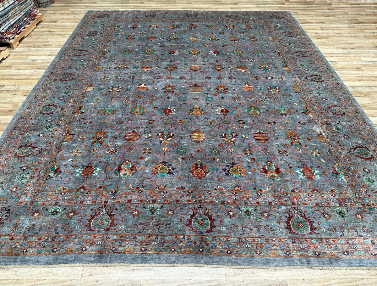 13x16 Blueish Gray Waziri Afghan Hand-Knotted Wool Oversize Rug - Yildiz Rugs