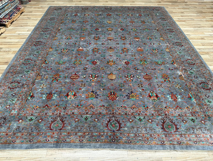 13x16 Blueish Gray Waziri Afghan Hand-Knotted Wool Oversize Rug - Yildiz Rugs
