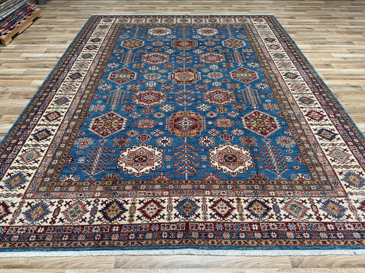 10x13 Blue Kazak Afghan Hand-Knotted Wool Oriental Rug - Yildiz Rugs