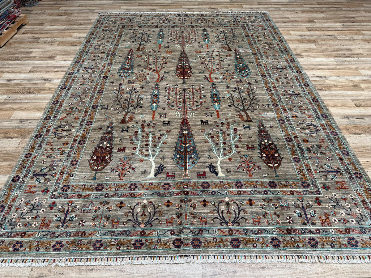 9x12 Taupe Gray Gabbeh Afghan Hand-Knotted Wool Tree of life Rug - Yildiz Rugs