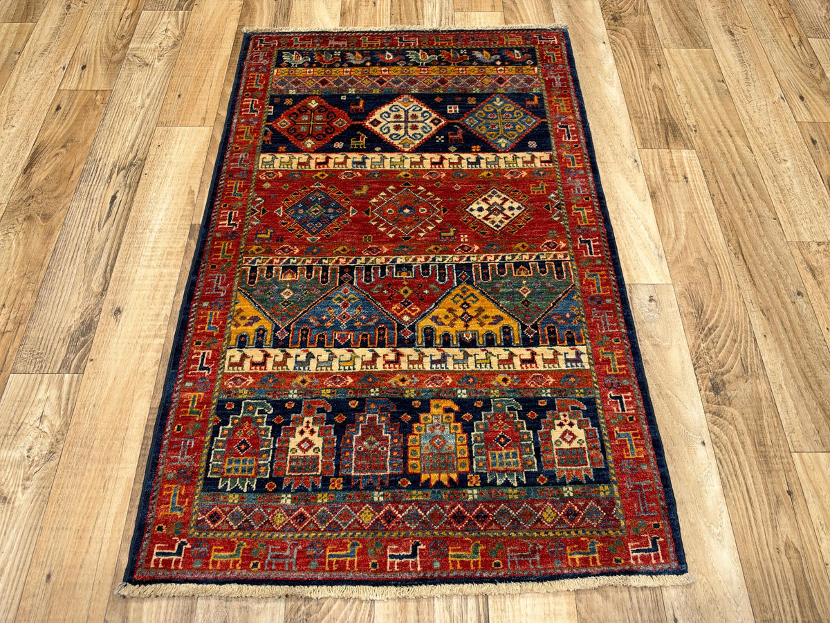 3x4 Navy Blue Gabbeh Afghan Hand Knotted Wool Rug