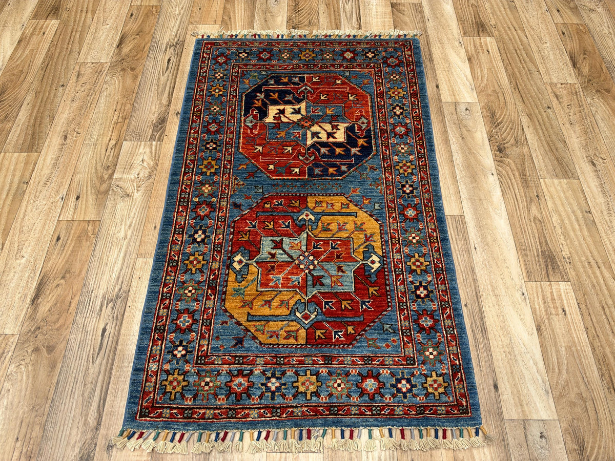 3x4 Blue Afghan Ersari Hand-Knotted Wool Rug