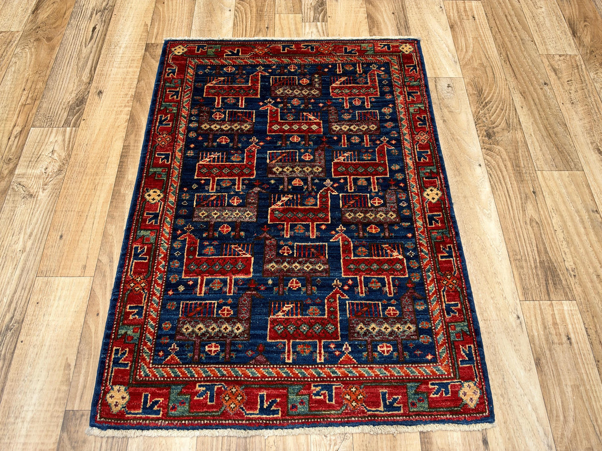 2'5"x3'5" Blue Timuri Bird Afghan Hand-Knotted Wool Rug