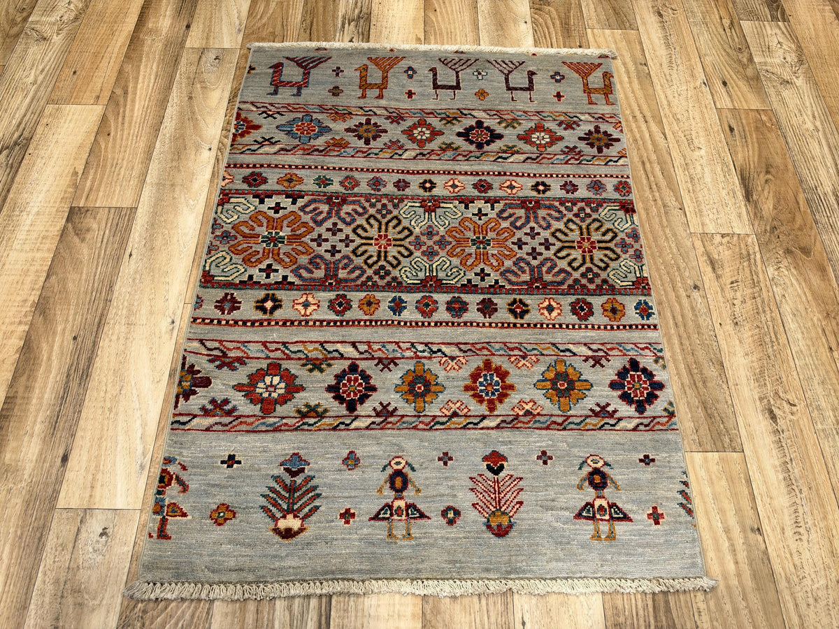3x4 Blue Gabbeh Afghan Hand Knotted Wool Rug